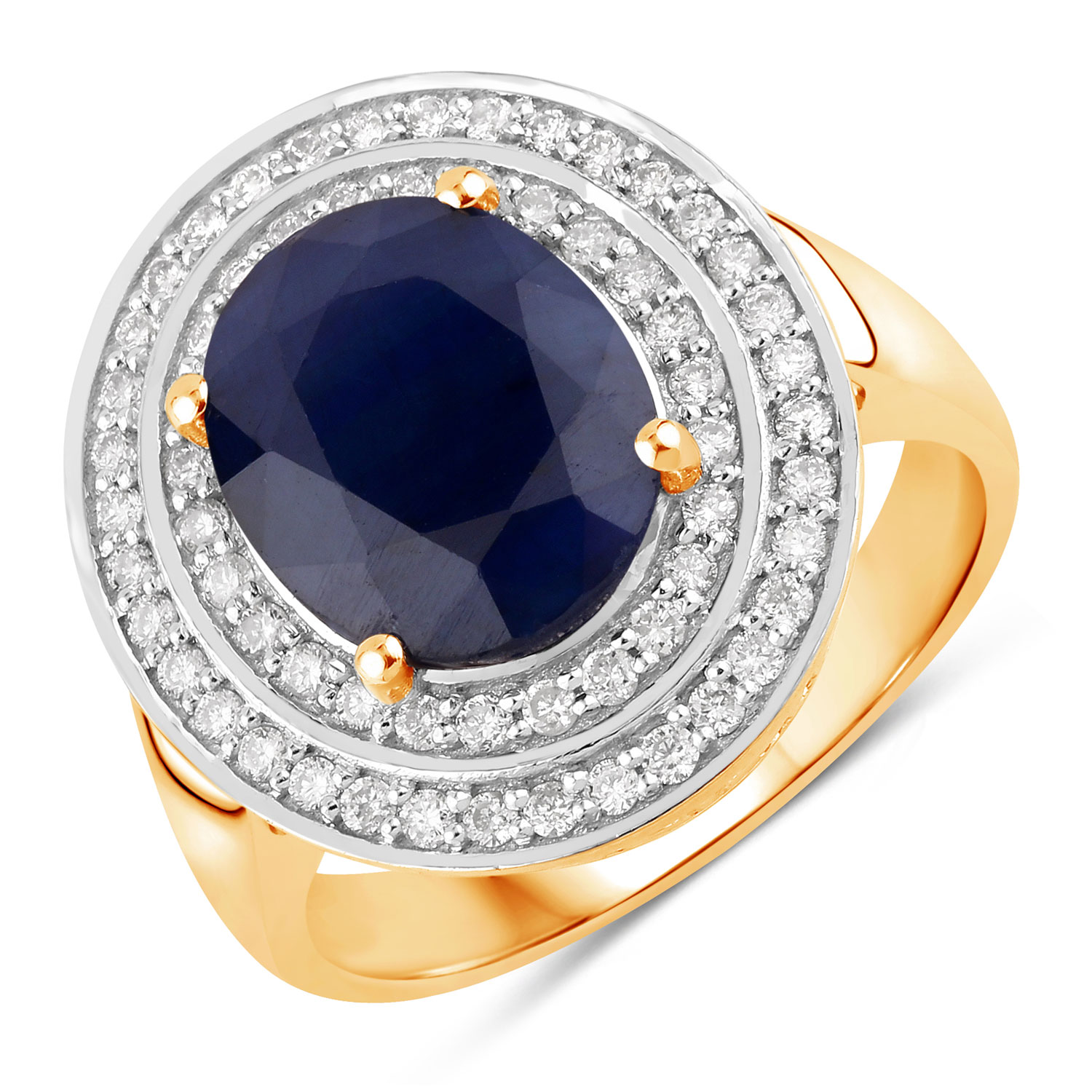 4.82 Carat Genuine Blue Sapphire and White Diamond 14K Yellow Gold Ring