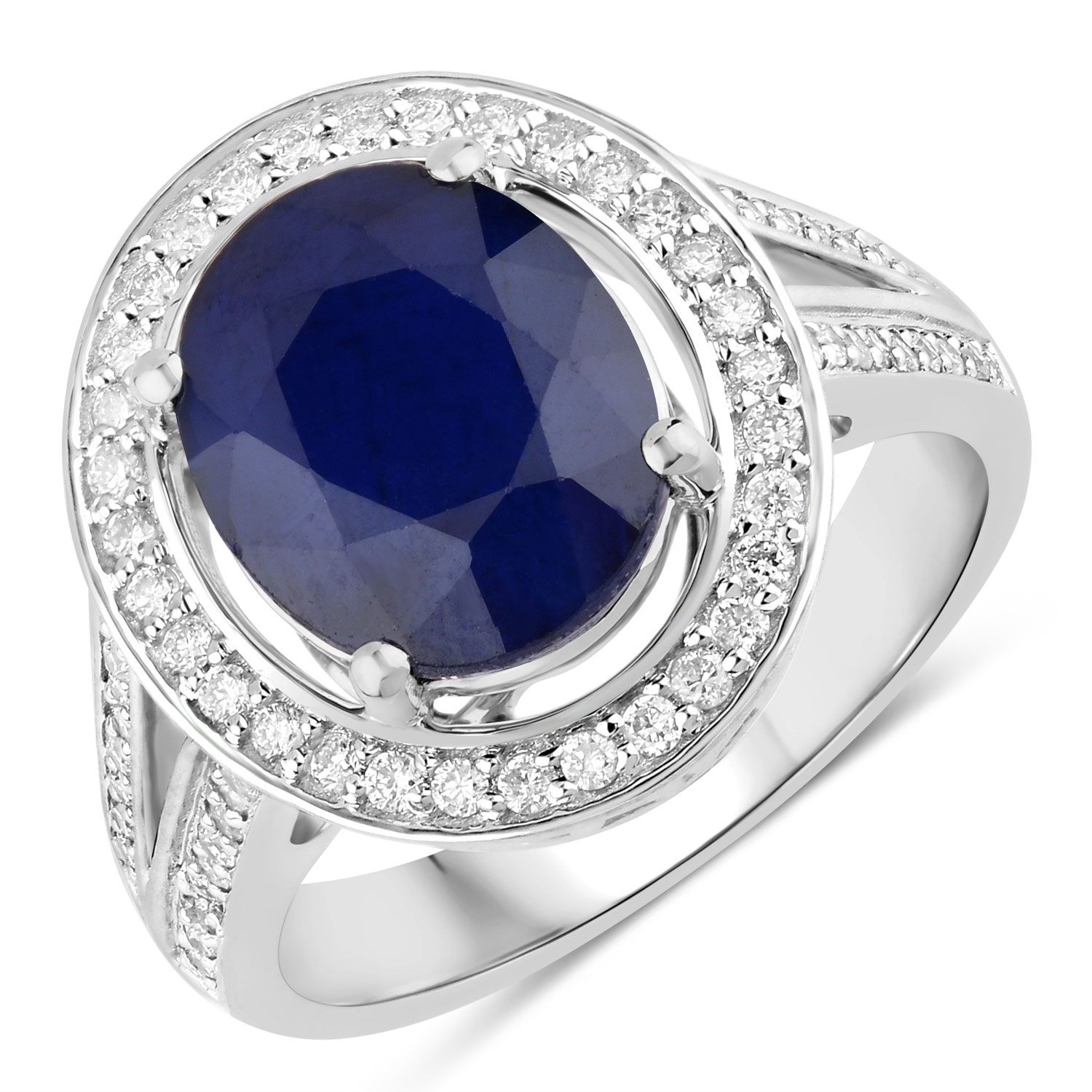 4.74 Carat Genuine Blue Sapphire and White Diamond 14K White Gold Ring