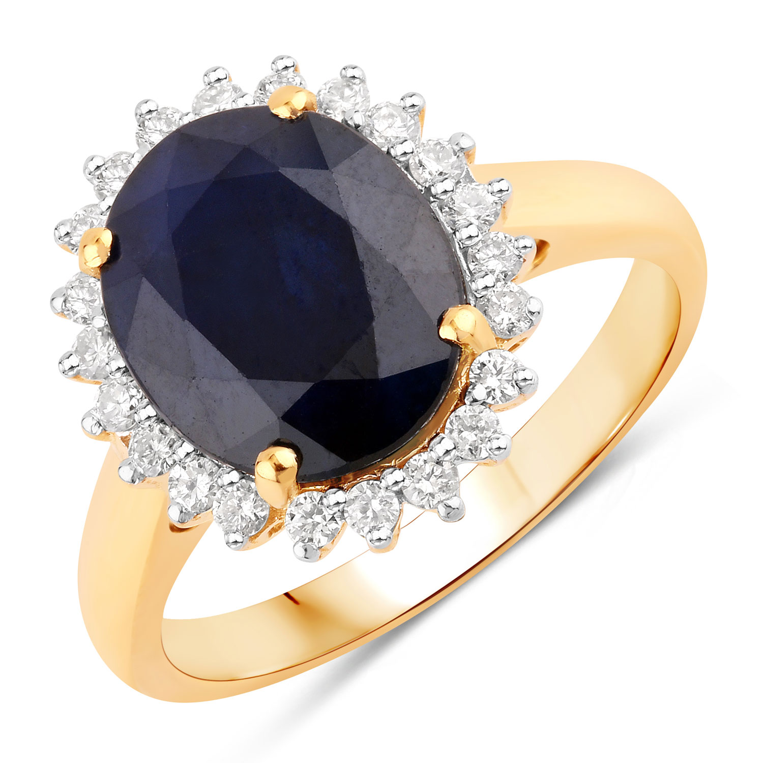 4.63 Carat Genuine Blue Sapphire and White Diamond 14K Yellow Gold Ring