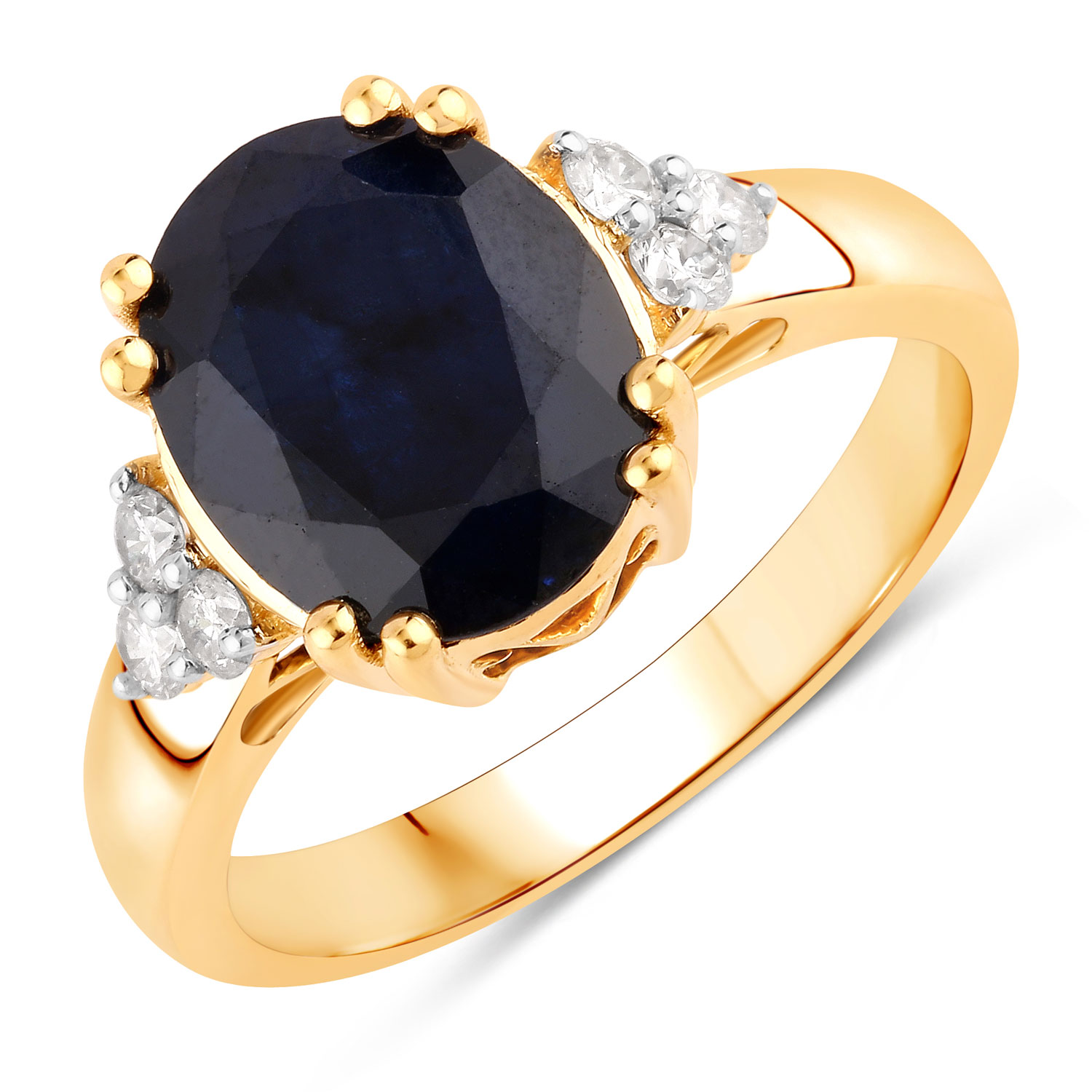 4.50 Carat Genuine Blue Sapphire and White Diamond 14K Yellow Gold Ring