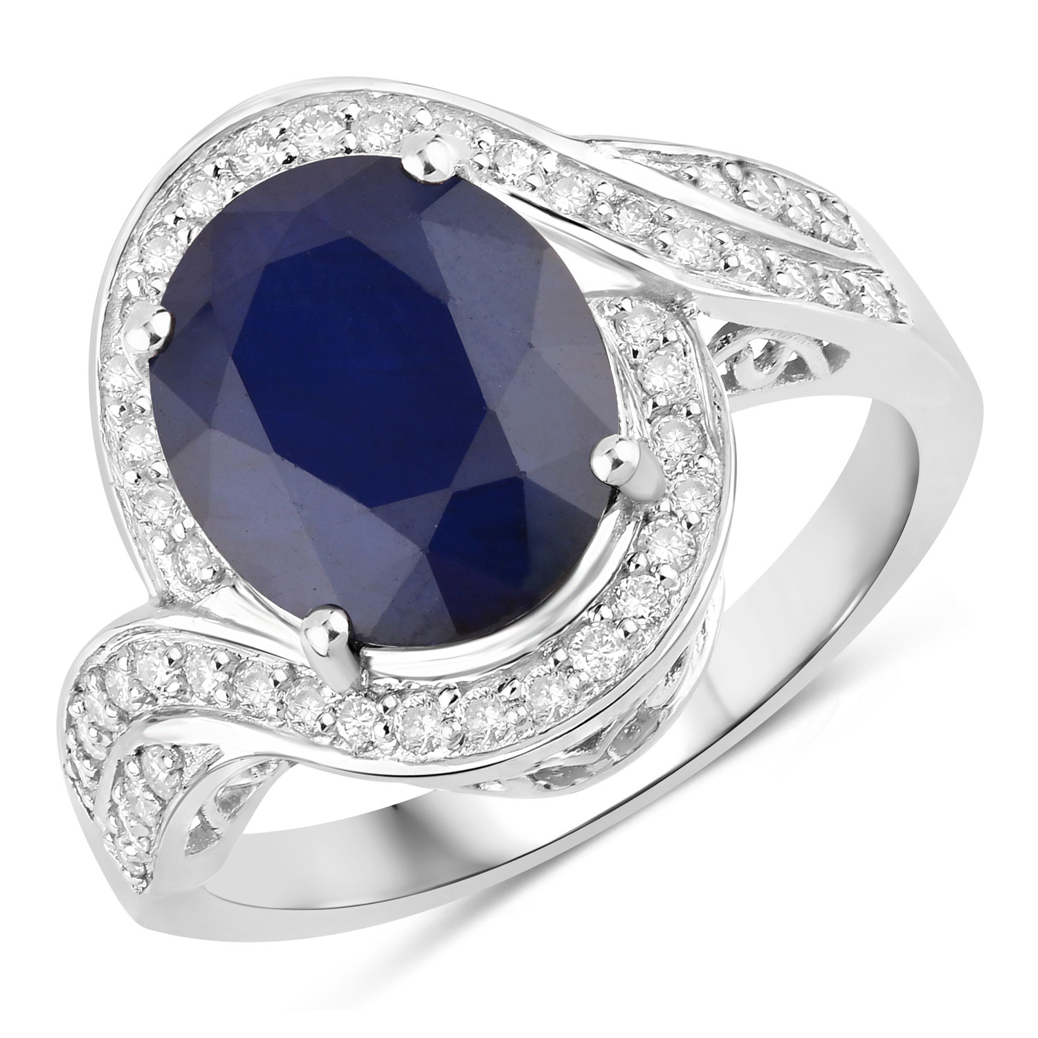 4.69 Carat Genuine Blue Sapphire and White Diamond 14K White Gold Ring