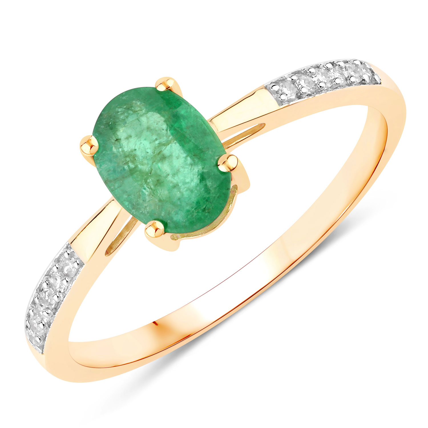0.78 Carat Genuine Zambian Emerald and White Diamond 14K Yellow Gold Ring