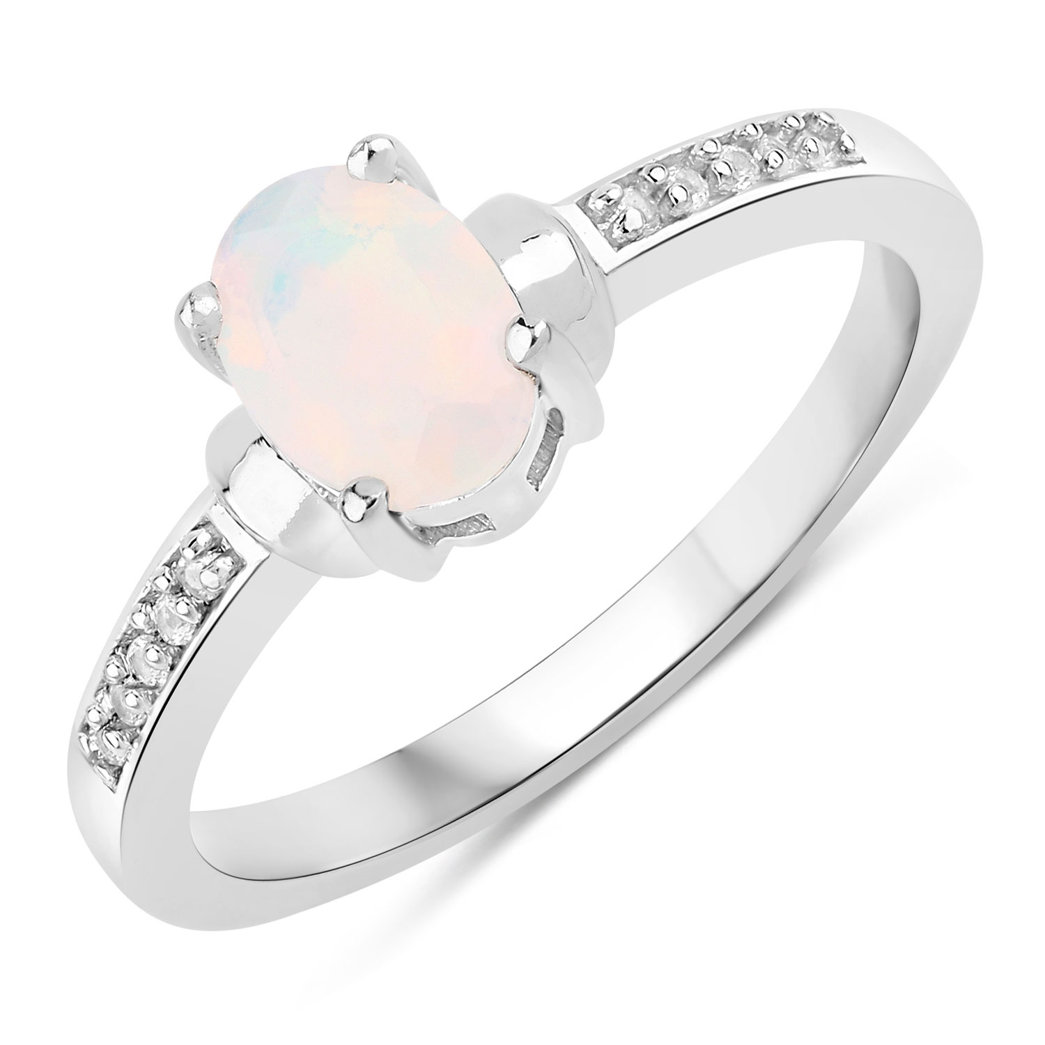 0.42 Carat Genuine Ethiopian Opal and Created White Sapphire .925 Sterling Silver Ring