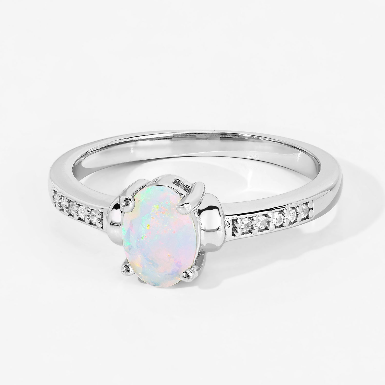 0.42 Carat Genuine Ethiopian Opal and Created White Sapphire .925 Sterling Silver Ring