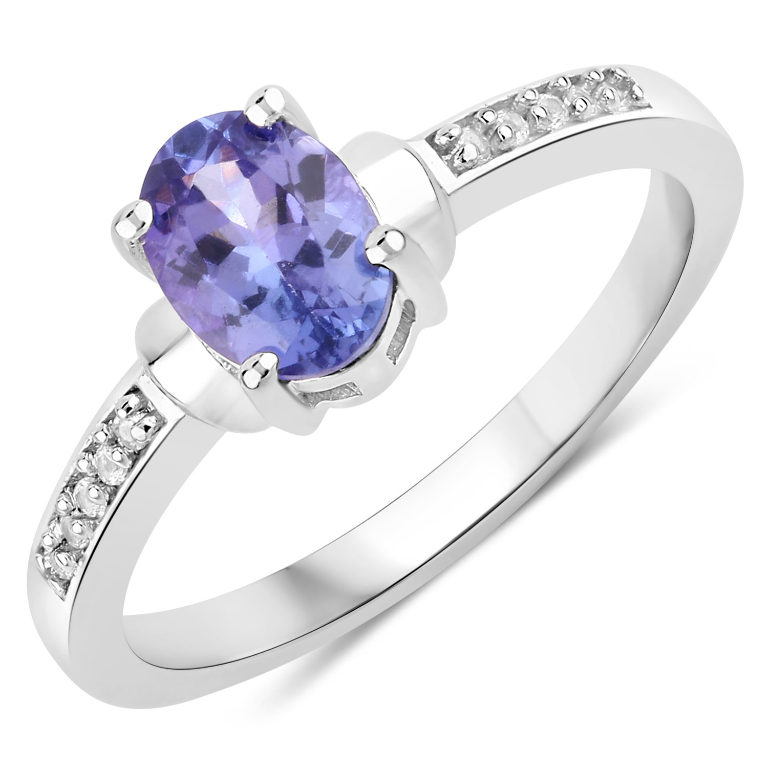 0.80 Carat Genuine Tanzanite and Created White Sapphire .925 Sterling Silver Ring