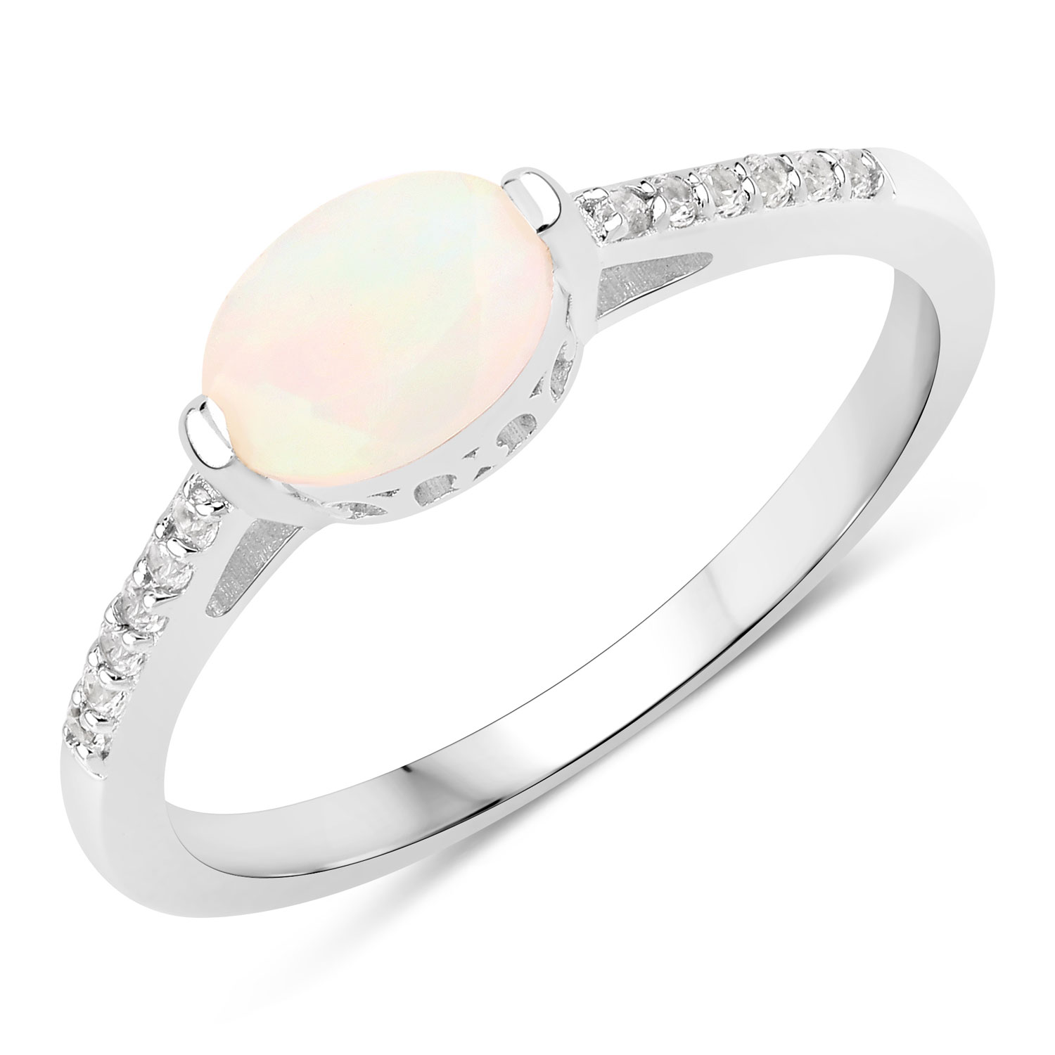 0.49 Carat Genuine Ethiopian Opal and Created White Sapphire .925 Sterling Silver Ring