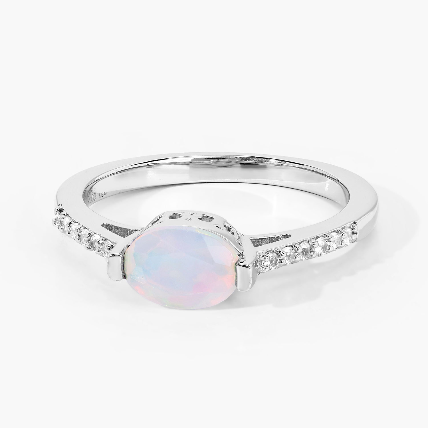 0.49 Carat Genuine Ethiopian Opal and Created White Sapphire .925 Sterling Silver Ring