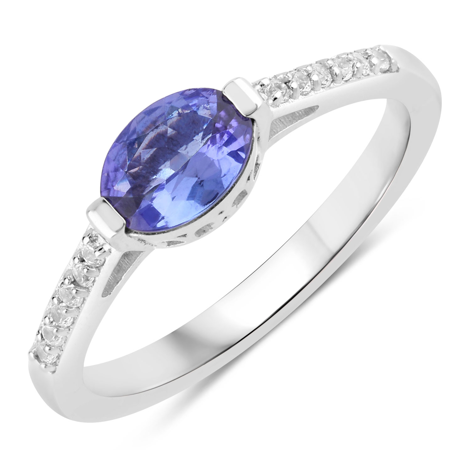 0.87 Carat Genuine Tanzanite and Created White Sapphire .925 Sterling Silver Ring