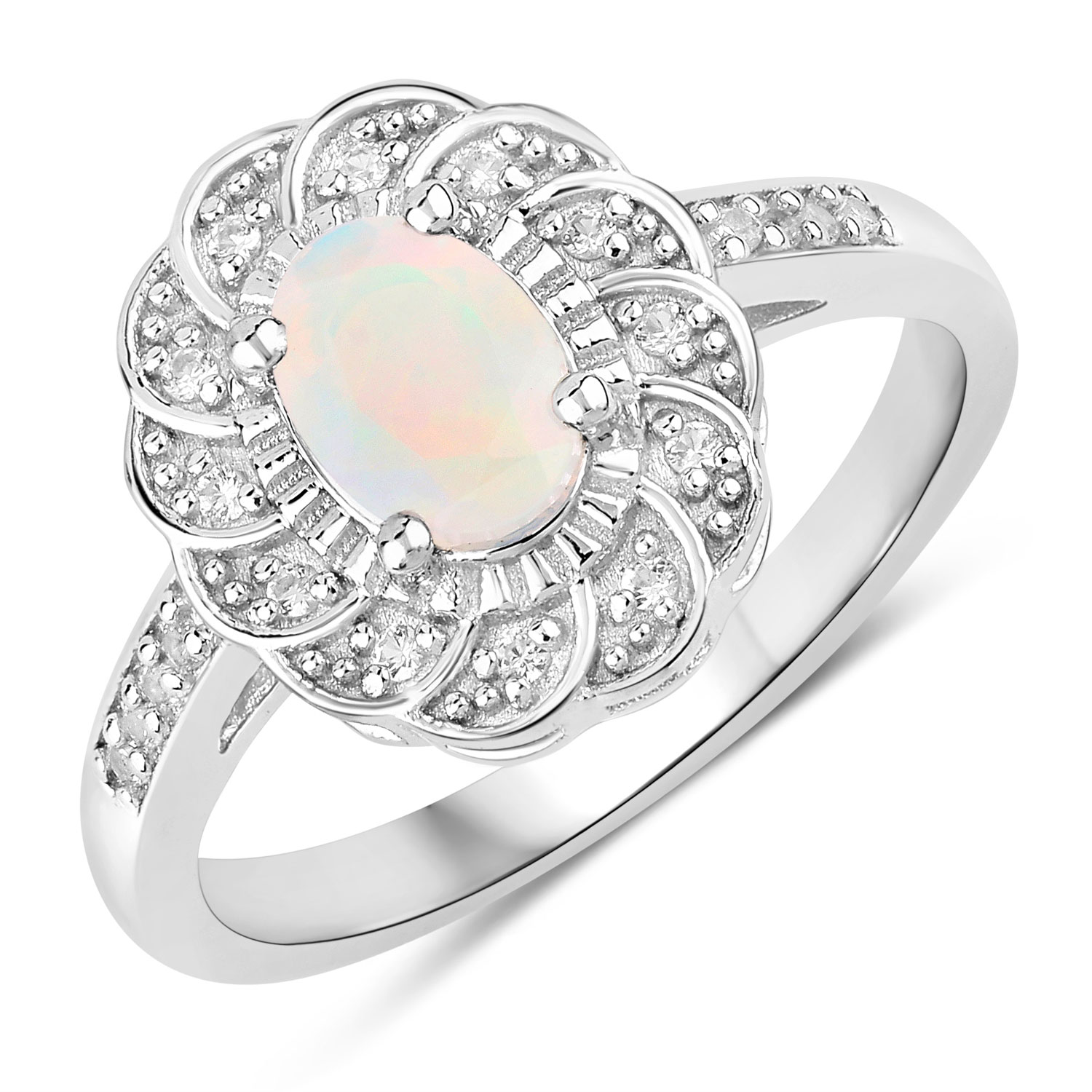 0.57 Carat Genuine Ethiopian Opal and Created White Sapphire .925 Sterling Silver Ring