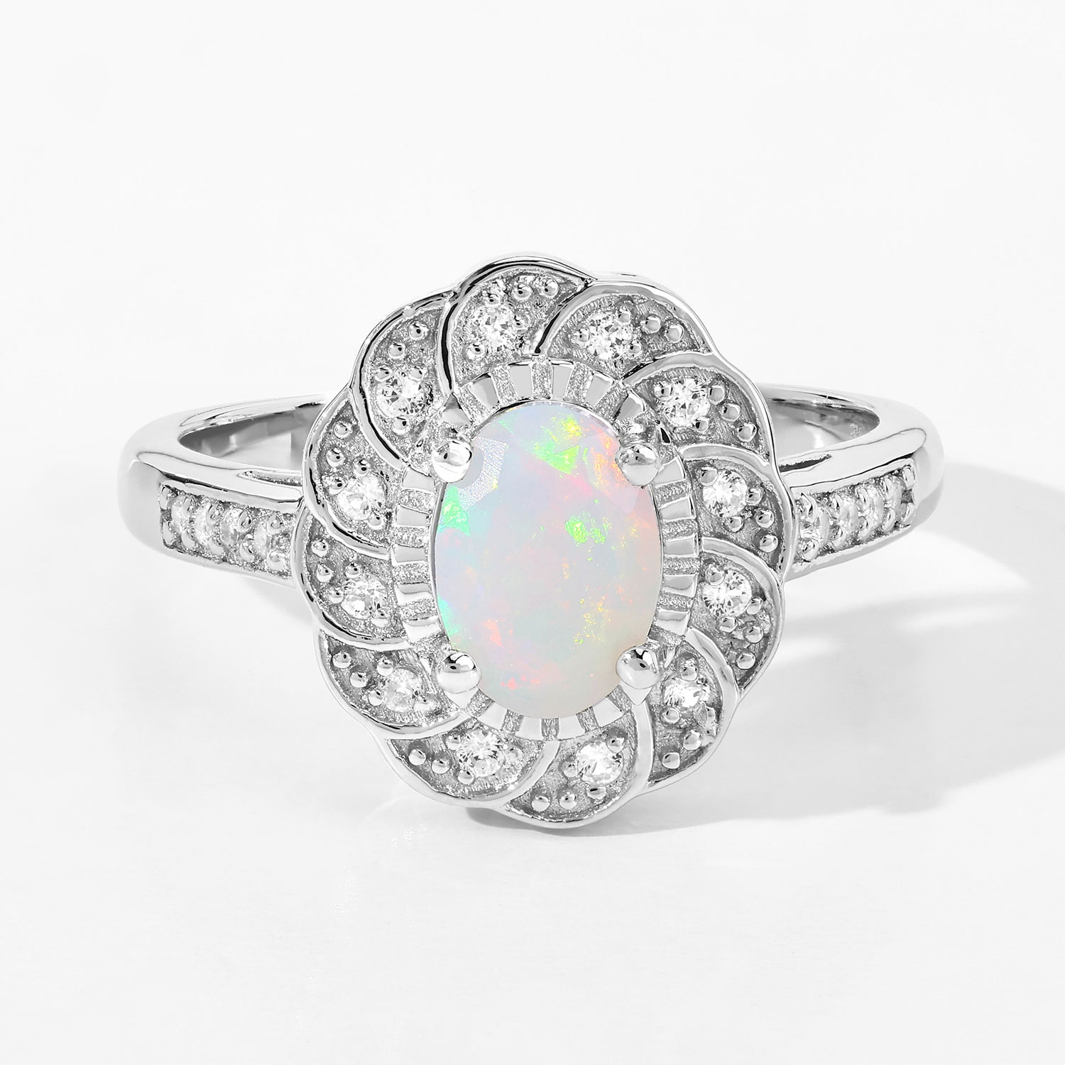 0.57 Carat Genuine Ethiopian Opal and Created White Sapphire .925 Sterling Silver Ring