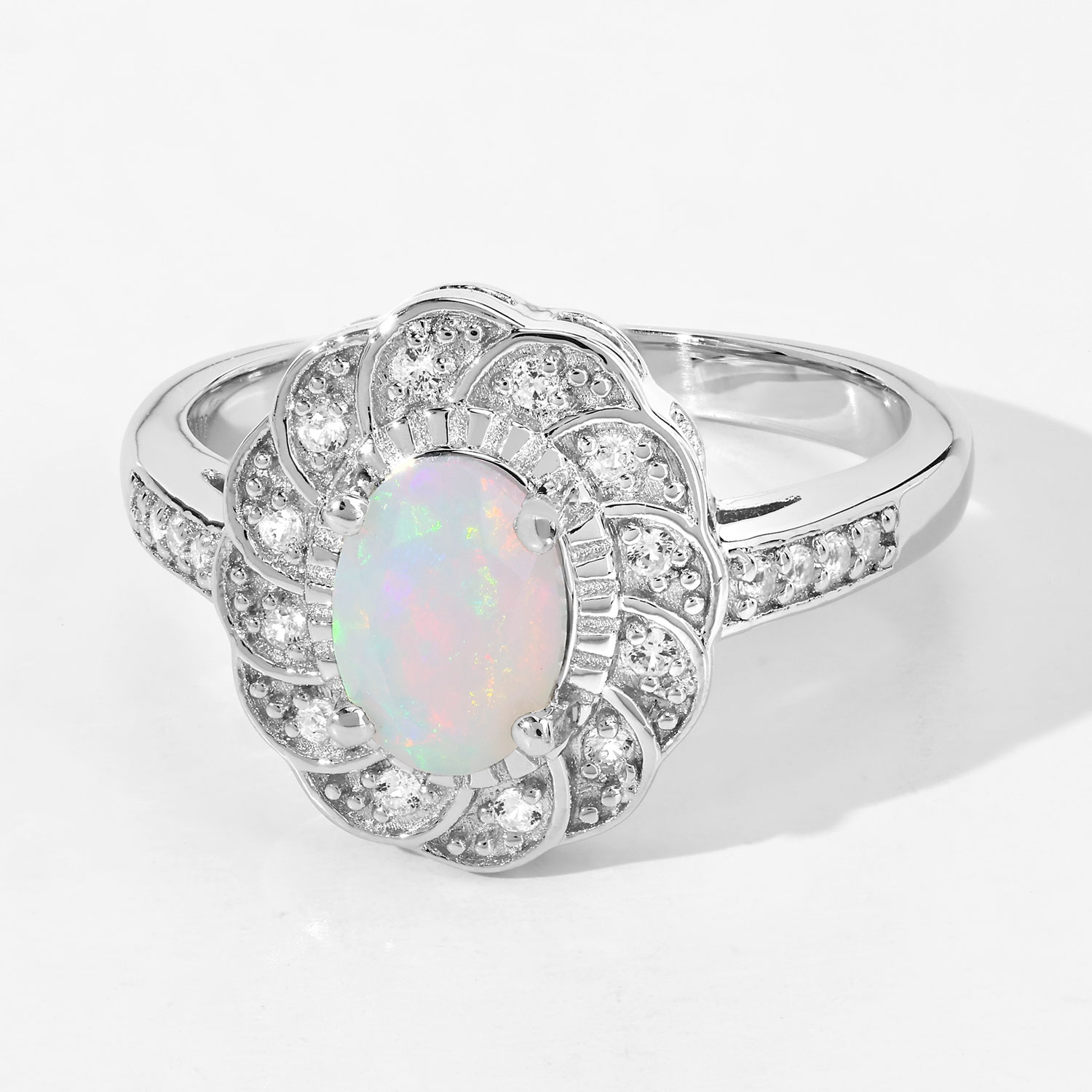 0.57 Carat Genuine Ethiopian Opal and Created White Sapphire .925 Sterling Silver Ring