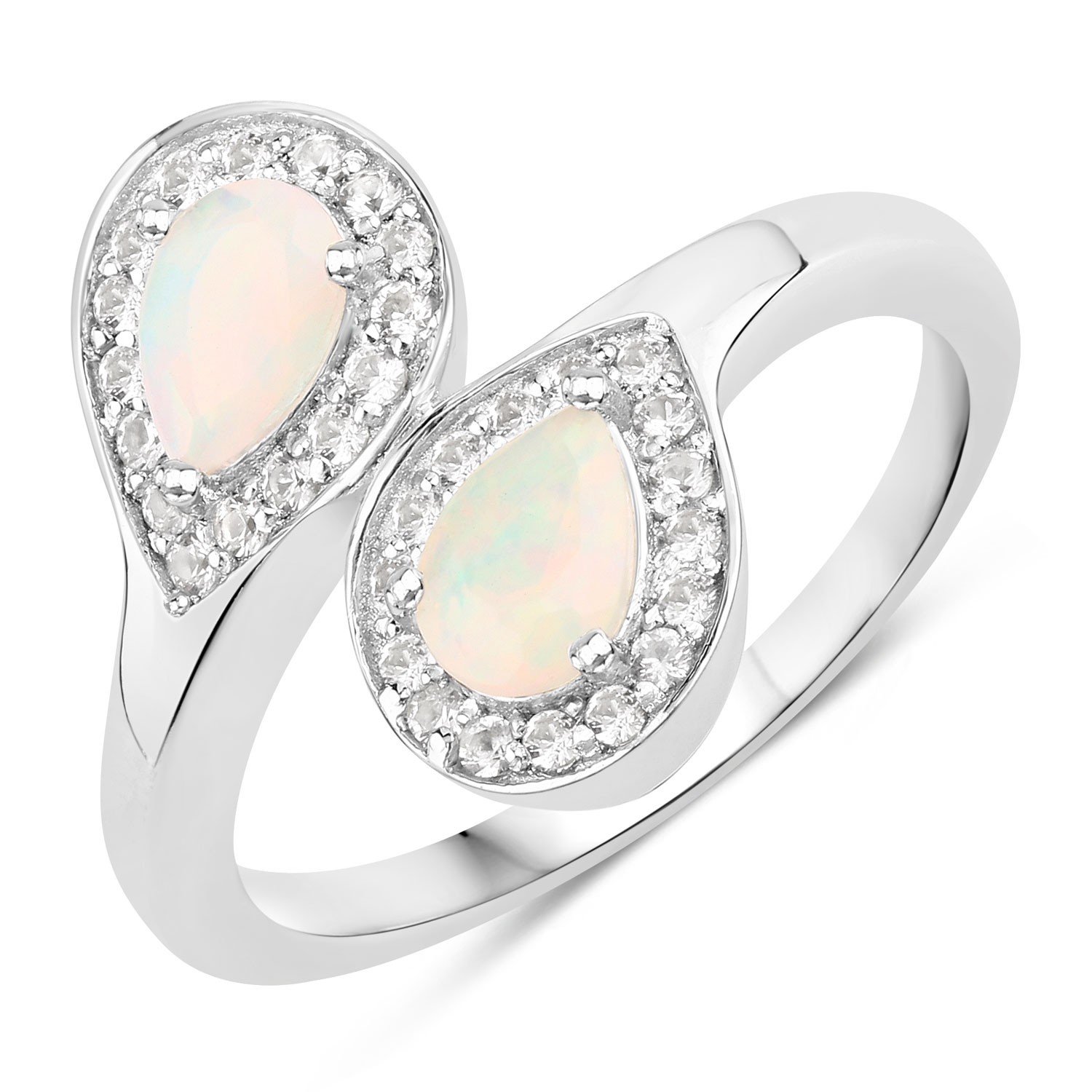 0.82 Carat Genuine Ethiopian Opal and Created White Sapphire .925 Sterling Silver Ring
