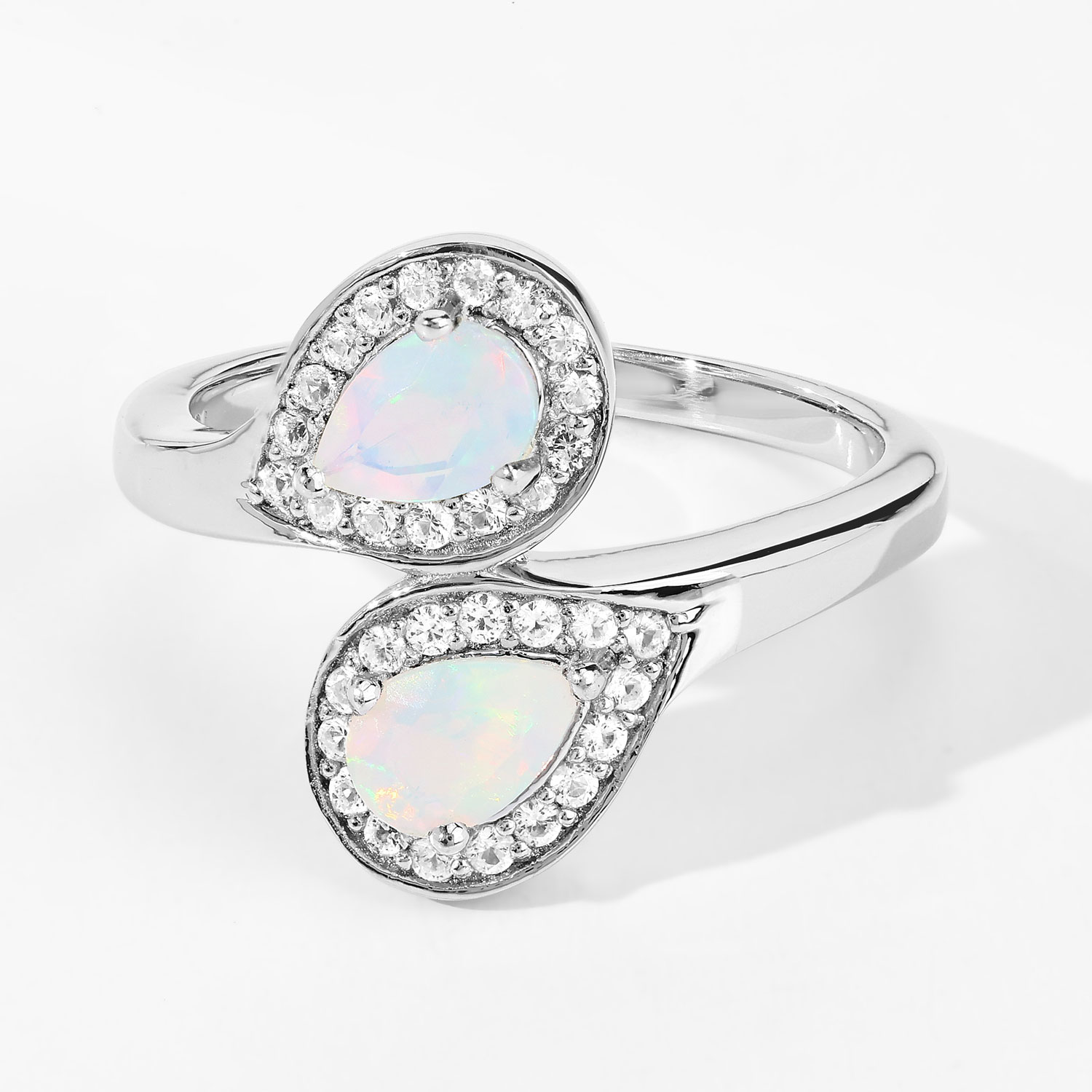 0.82 Carat Genuine Ethiopian Opal and Created White Sapphire .925 Sterling Silver Ring