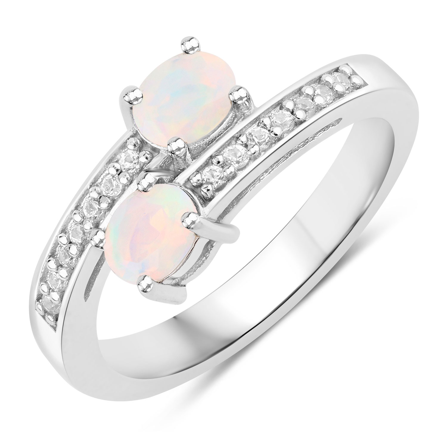 0.58 Carat Genuine Ethiopian Opal and Created White Sapphire .925 Sterling Silver Ring