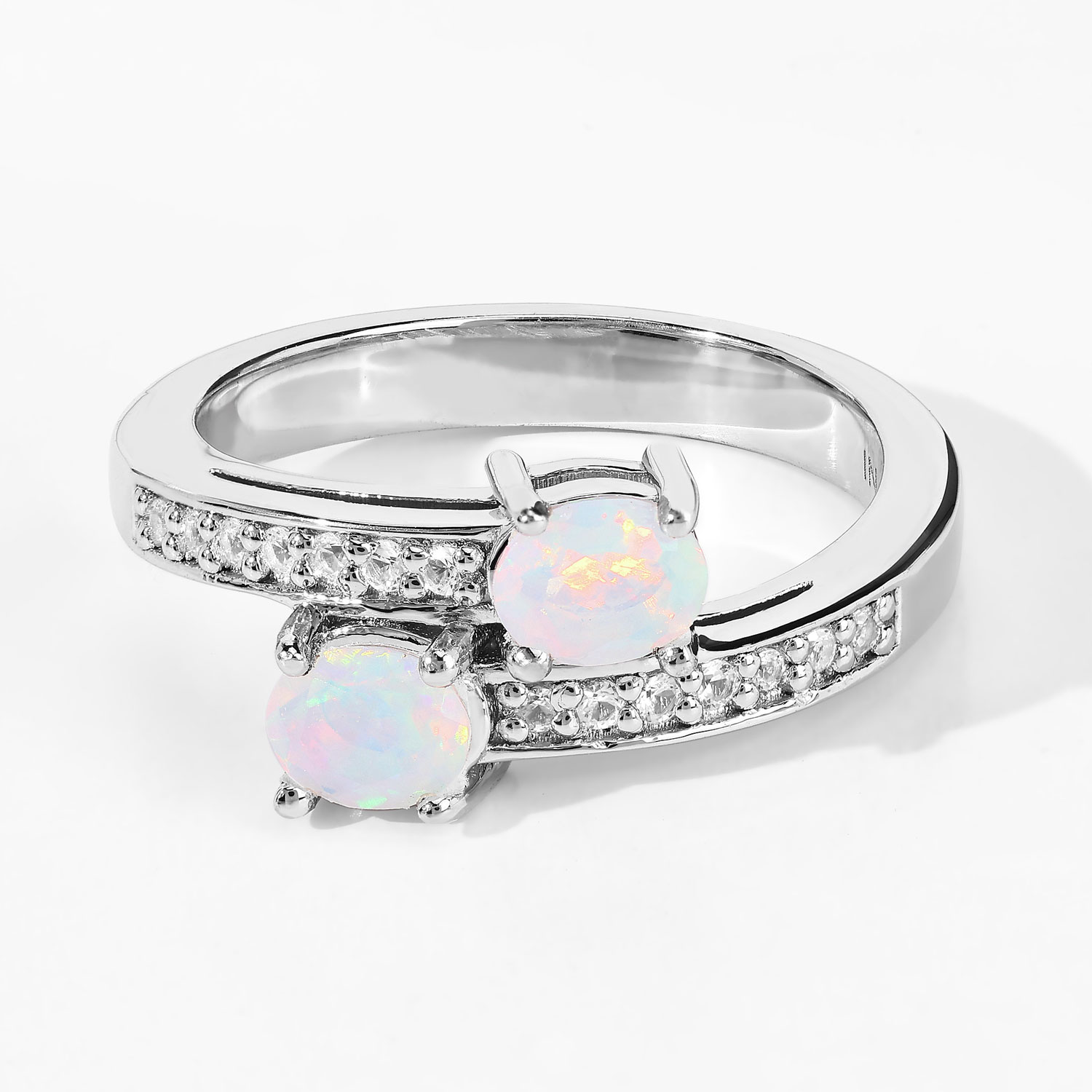 0.58 Carat Genuine Ethiopian Opal and Created White Sapphire .925 Sterling Silver Ring