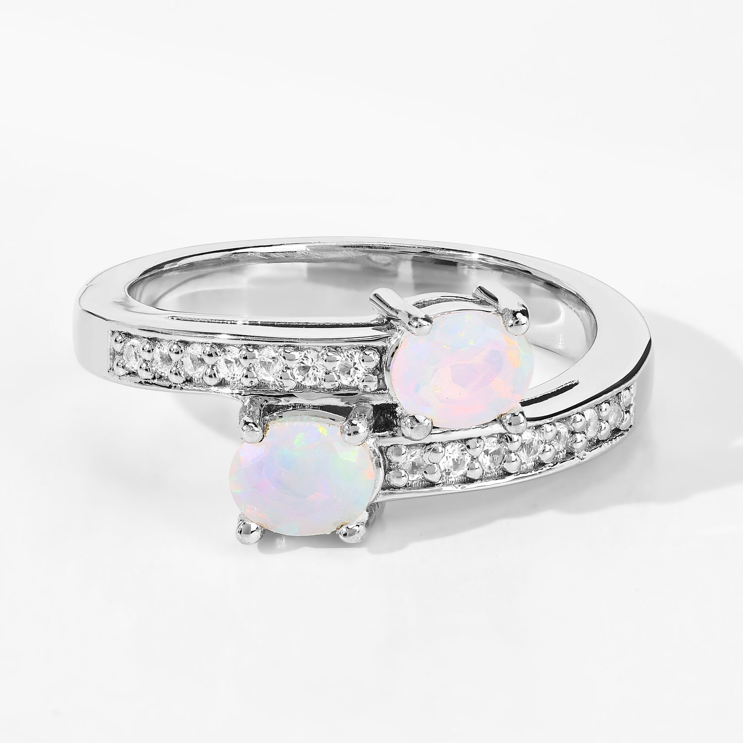 0.58 Carat Genuine Ethiopian Opal and Created White Sapphire .925 Sterling Silver Ring