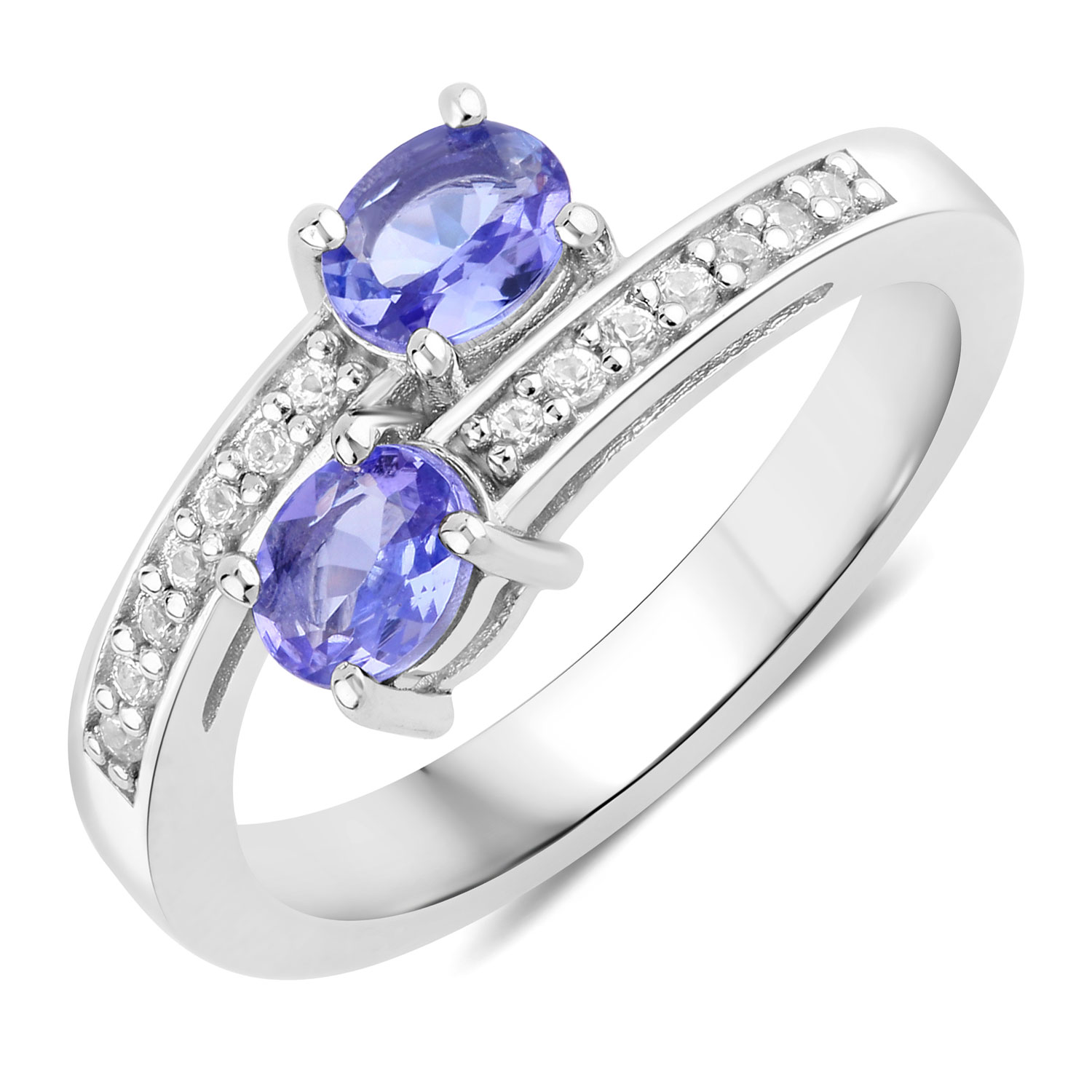 0.80 Carat Genuine Tanzanite and Created White Sapphire .925 Sterling Silver Ring