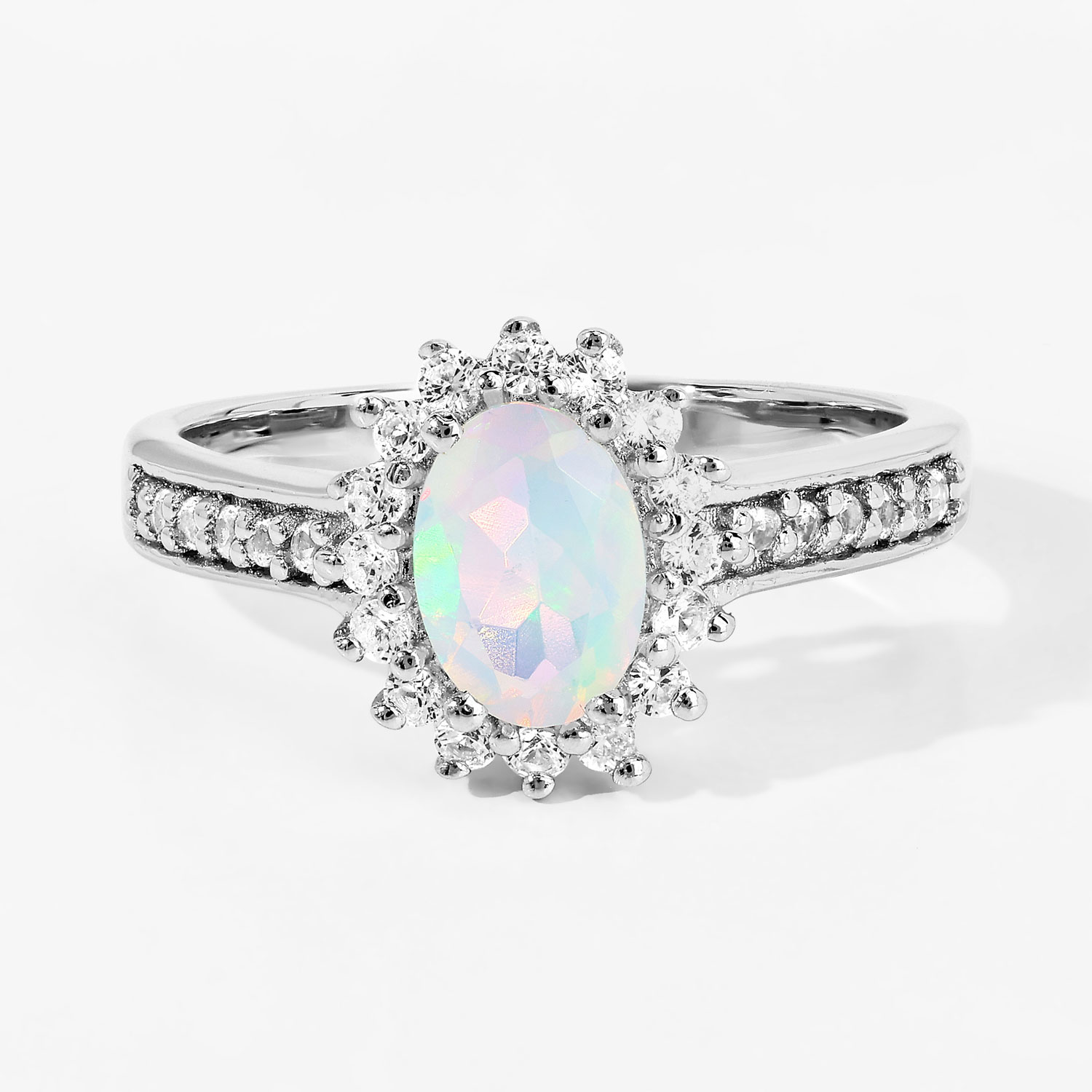 0.89 Carat Genuine Ethiopian Opal and Created White Sapphire .925 Sterling Silver Ring