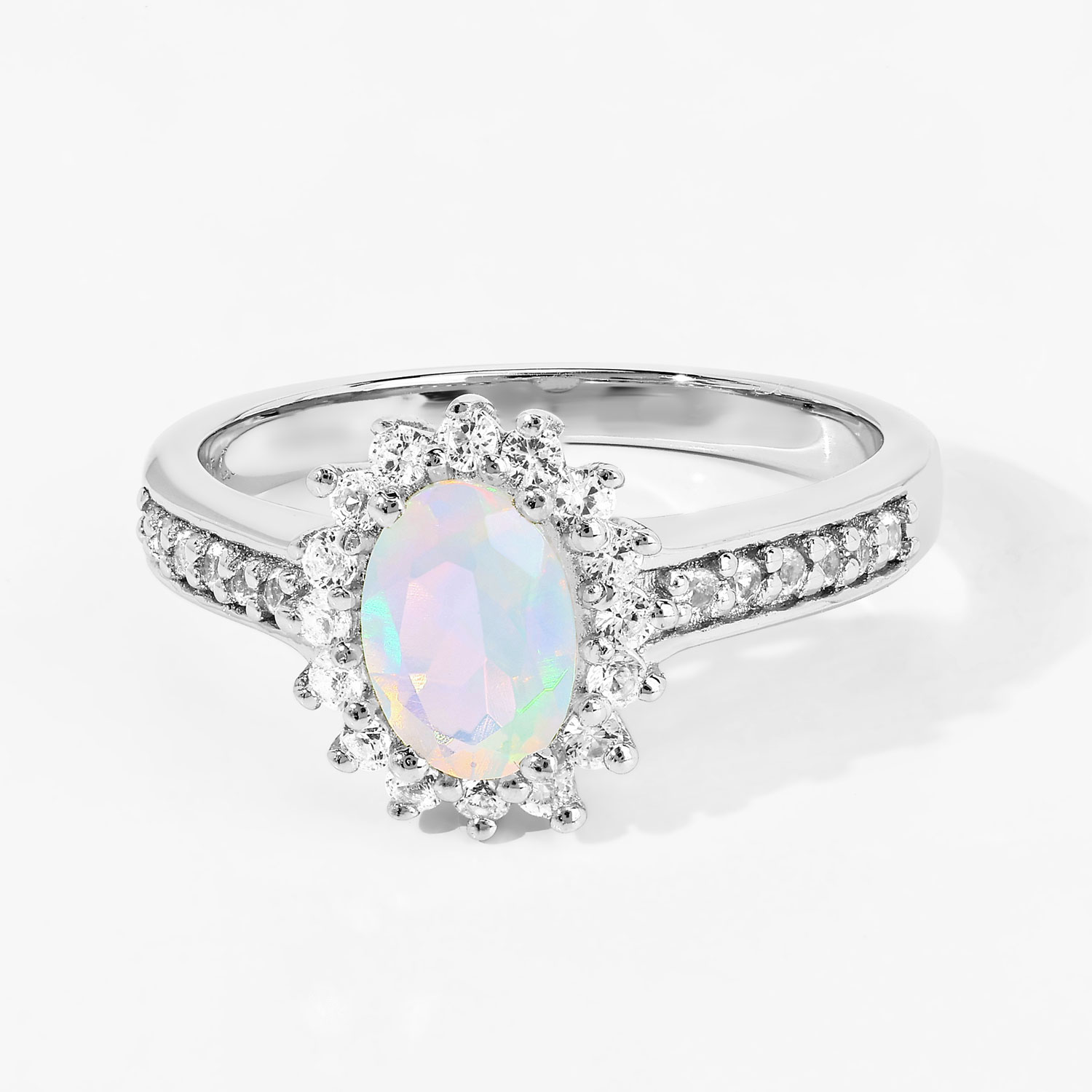 0.89 Carat Genuine Ethiopian Opal and Created White Sapphire .925 Sterling Silver Ring