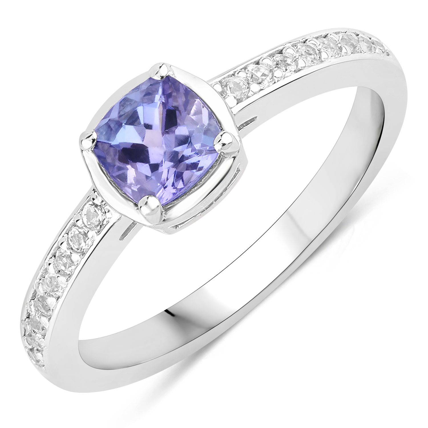 0.87 Carat Genuine Tanzanite and Created White Sapphire .925 Sterling Silver Ring