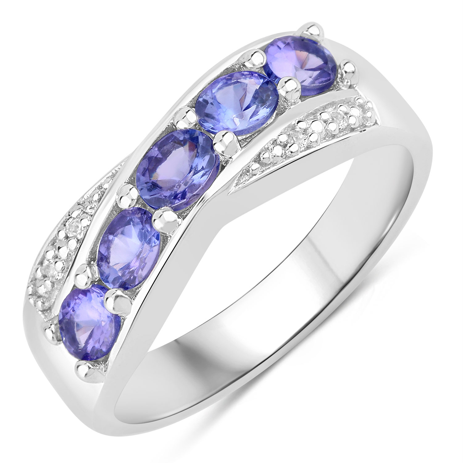 0.89 Carat Genuine Tanzanite and Created White Sapphire .925 Sterling Silver Ring