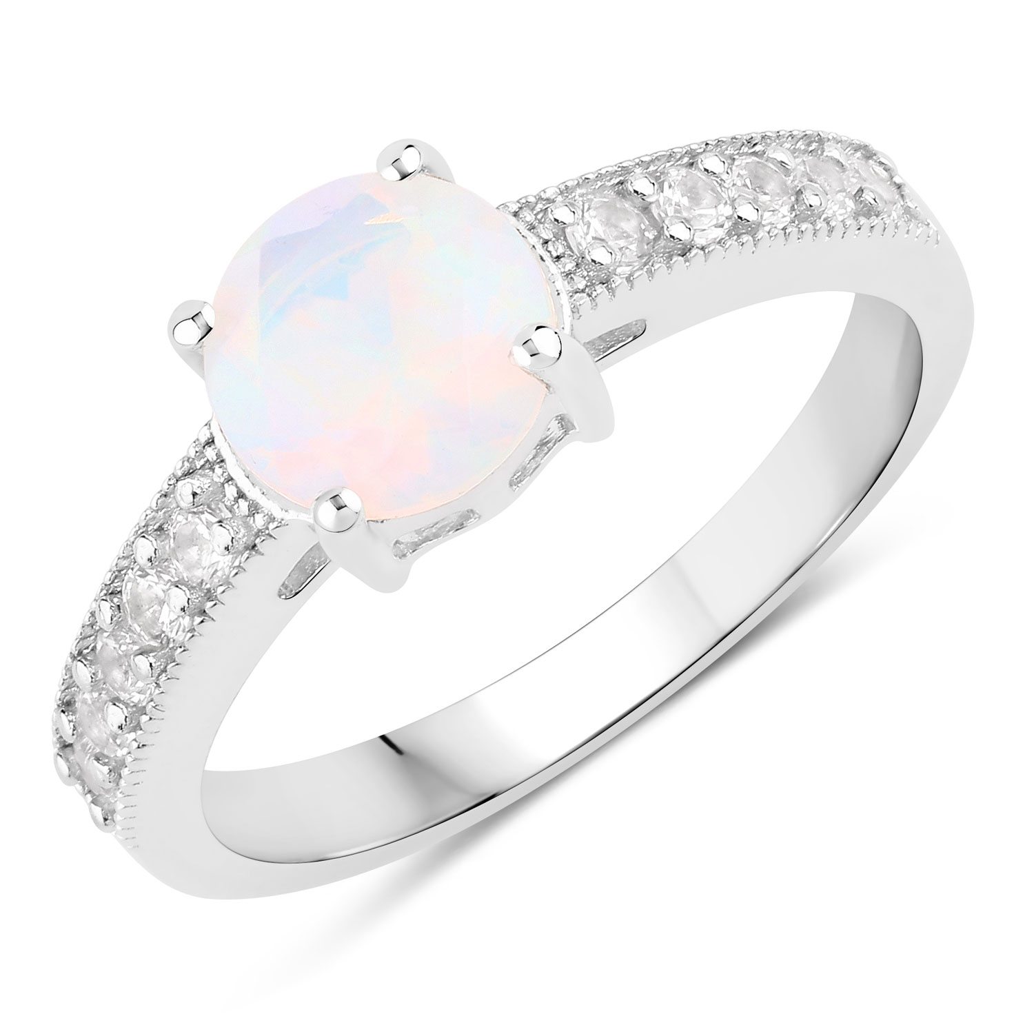 1.00 Carat Genuine Ethiopian Opal and Created White Sapphire .925 Sterling Silver Ring