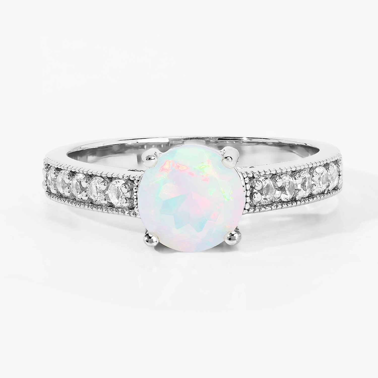1.00 Carat Genuine Ethiopian Opal and Created White Sapphire .925 Sterling Silver Ring