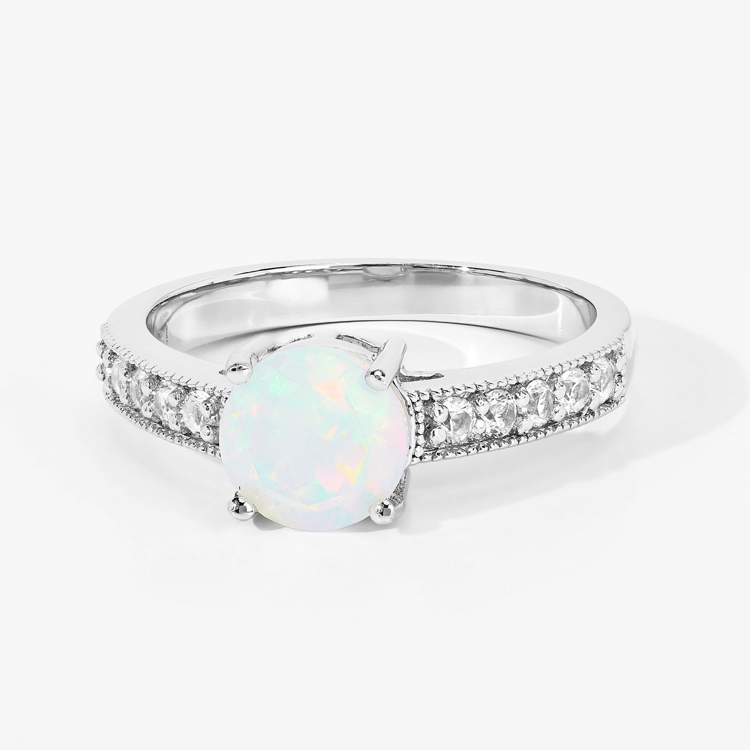 1.00 Carat Genuine Ethiopian Opal and Created White Sapphire .925 Sterling Silver Ring