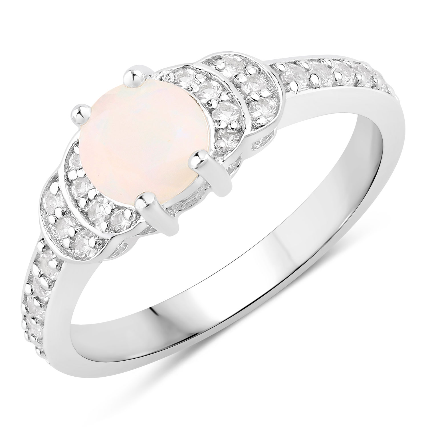 0.94 Carat Genuine Ethiopian Opal and Created White Sapphire .925 Sterling Silver Ring