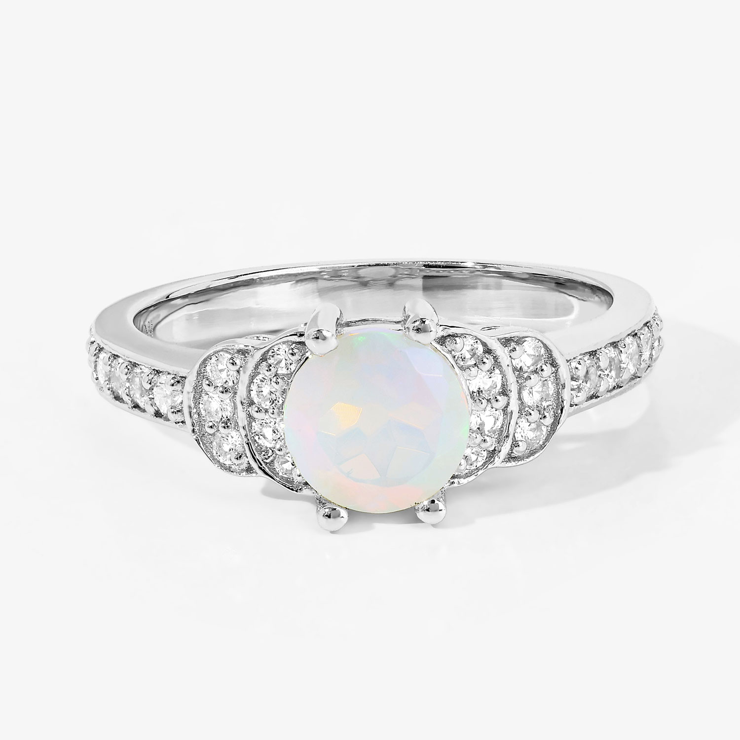 0.94 Carat Genuine Ethiopian Opal and Created White Sapphire .925 Sterling Silver Ring