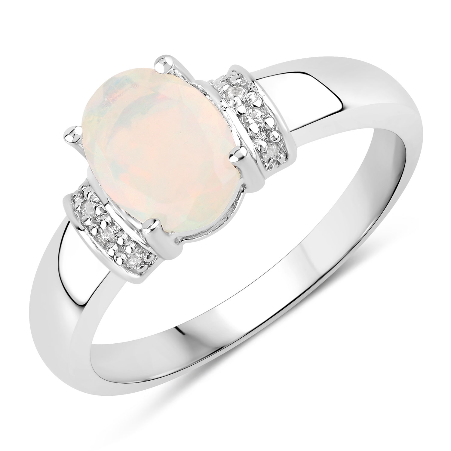 0.69 Carat Genuine Ethiopian Opal and Created White Sapphire .925 Sterling Silver Ring