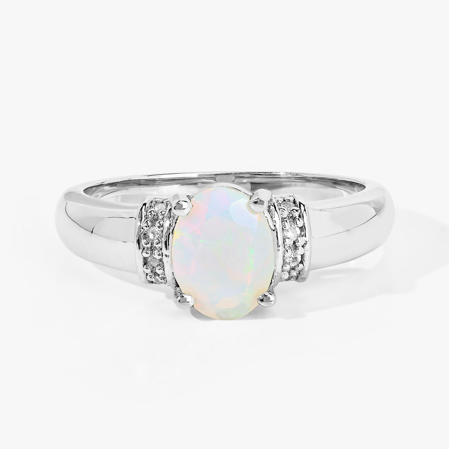 0.69 Carat Genuine Ethiopian Opal and Created White Sapphire .925 Sterling Silver Ring