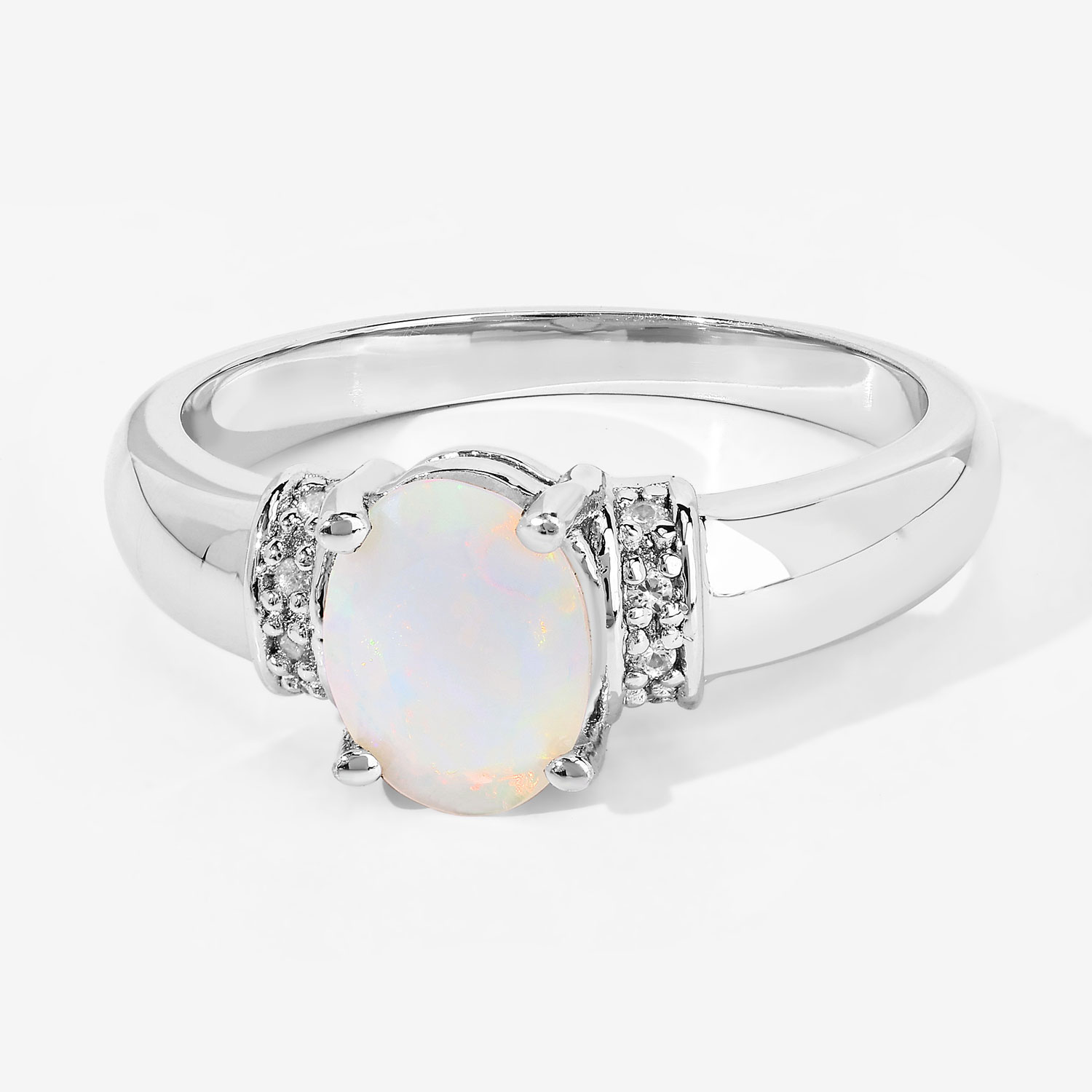 0.69 Carat Genuine Ethiopian Opal and Created White Sapphire .925 Sterling Silver Ring