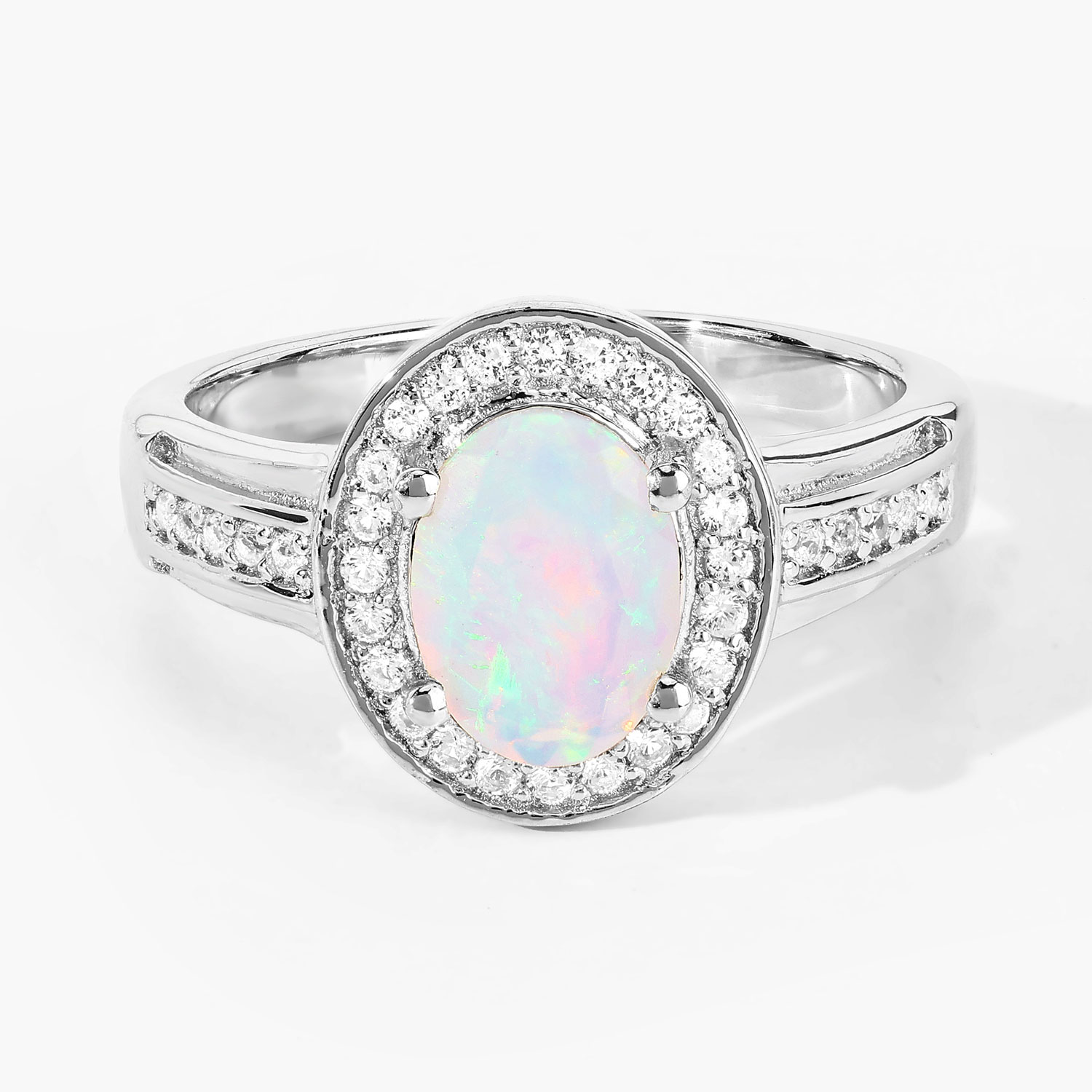 0.99 Carat Genuine Ethiopian Opal and Created White Sapphire .925 Sterling Silver Ring