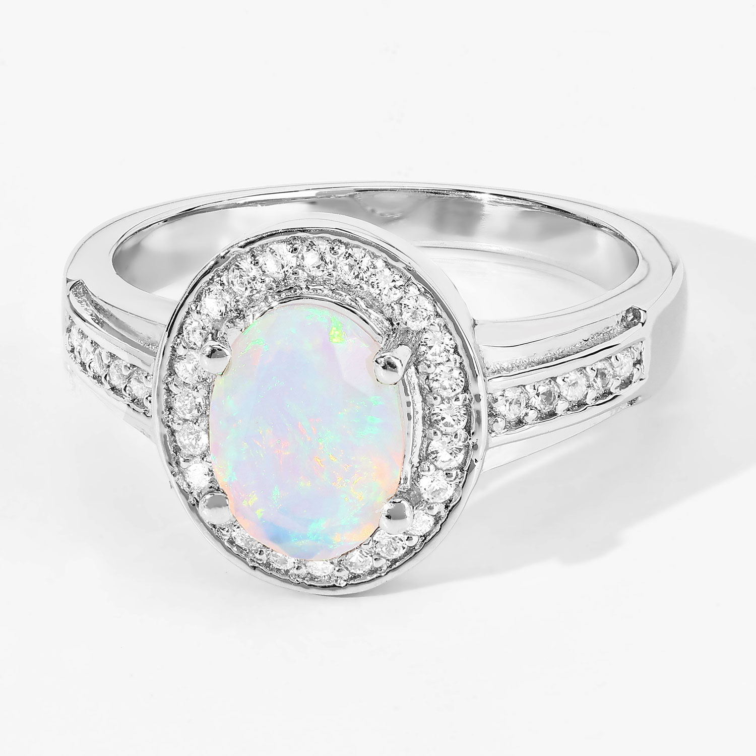 0.99 Carat Genuine Ethiopian Opal and Created White Sapphire .925 Sterling Silver Ring