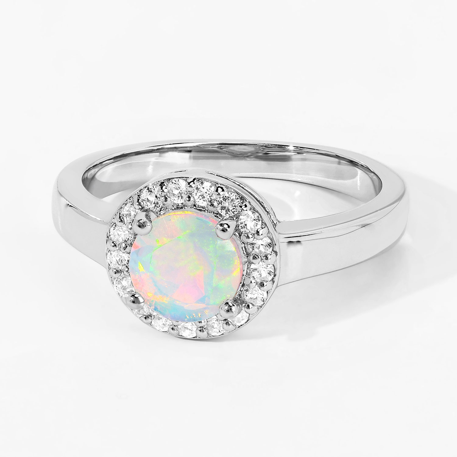 0.84 Carat Genuine Ethiopian Opal and Created White Sapphire .925 Sterling Silver Ring