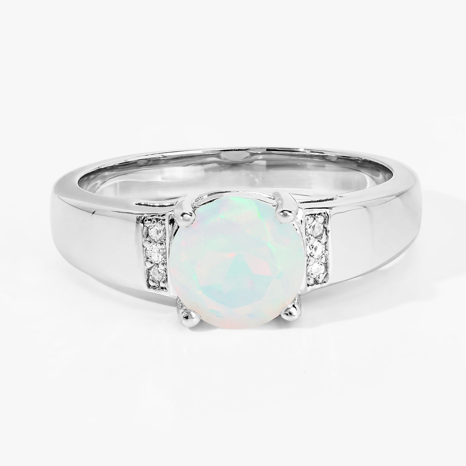 0.68 Carat Genuine Ethiopian Opal and Created White Sapphire .925 Sterling Silver Ring