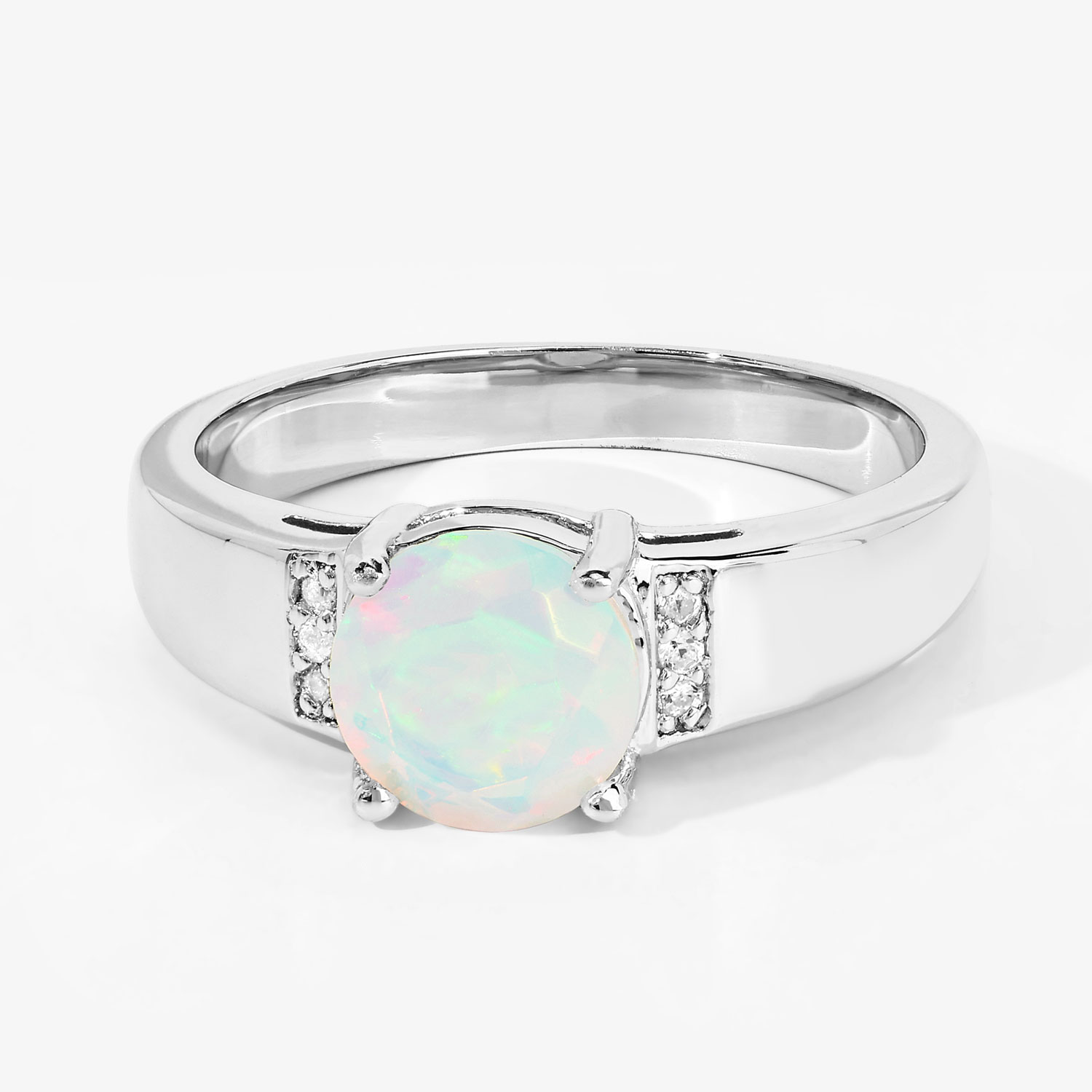 0.68 Carat Genuine Ethiopian Opal and Created White Sapphire .925 Sterling Silver Ring