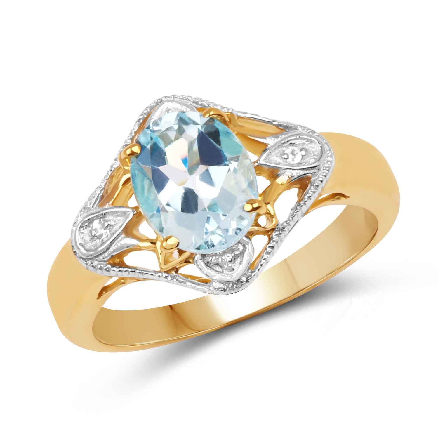 14K Yellow Gold Plated 2.02 Carat Genuine Blue Topaz & White Topaz .925 Sterling Silver Ring