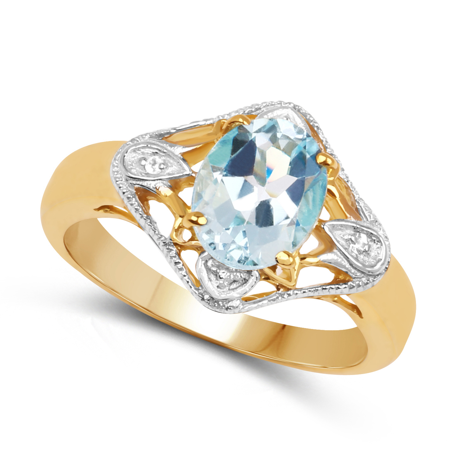 14K Yellow Gold Plated 2.02 Carat Genuine Blue Topaz & White Topaz .925 Sterling Silver Ring