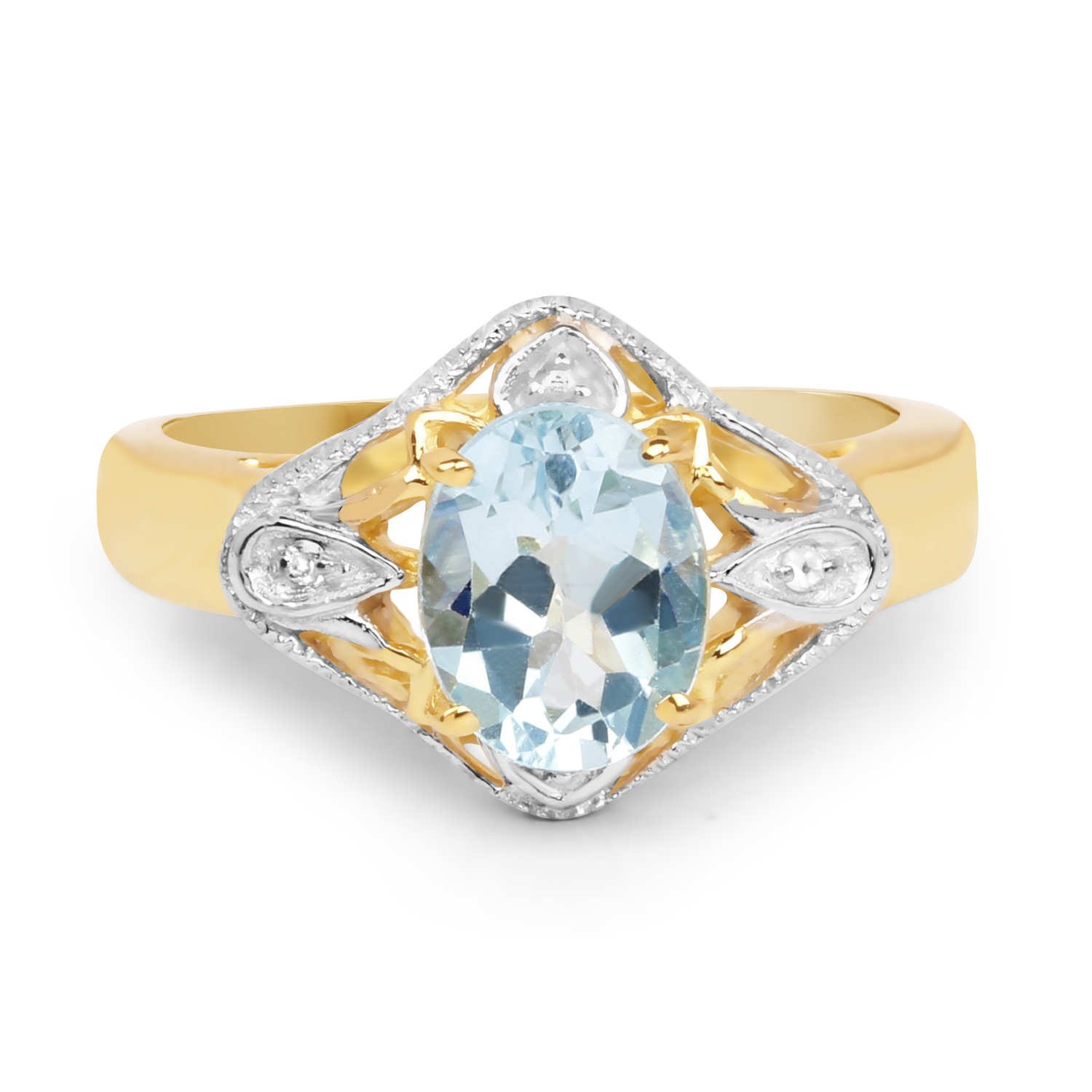 14K Yellow Gold Plated 2.02 Carat Genuine Blue Topaz & White Topaz .925 Sterling Silver Ring