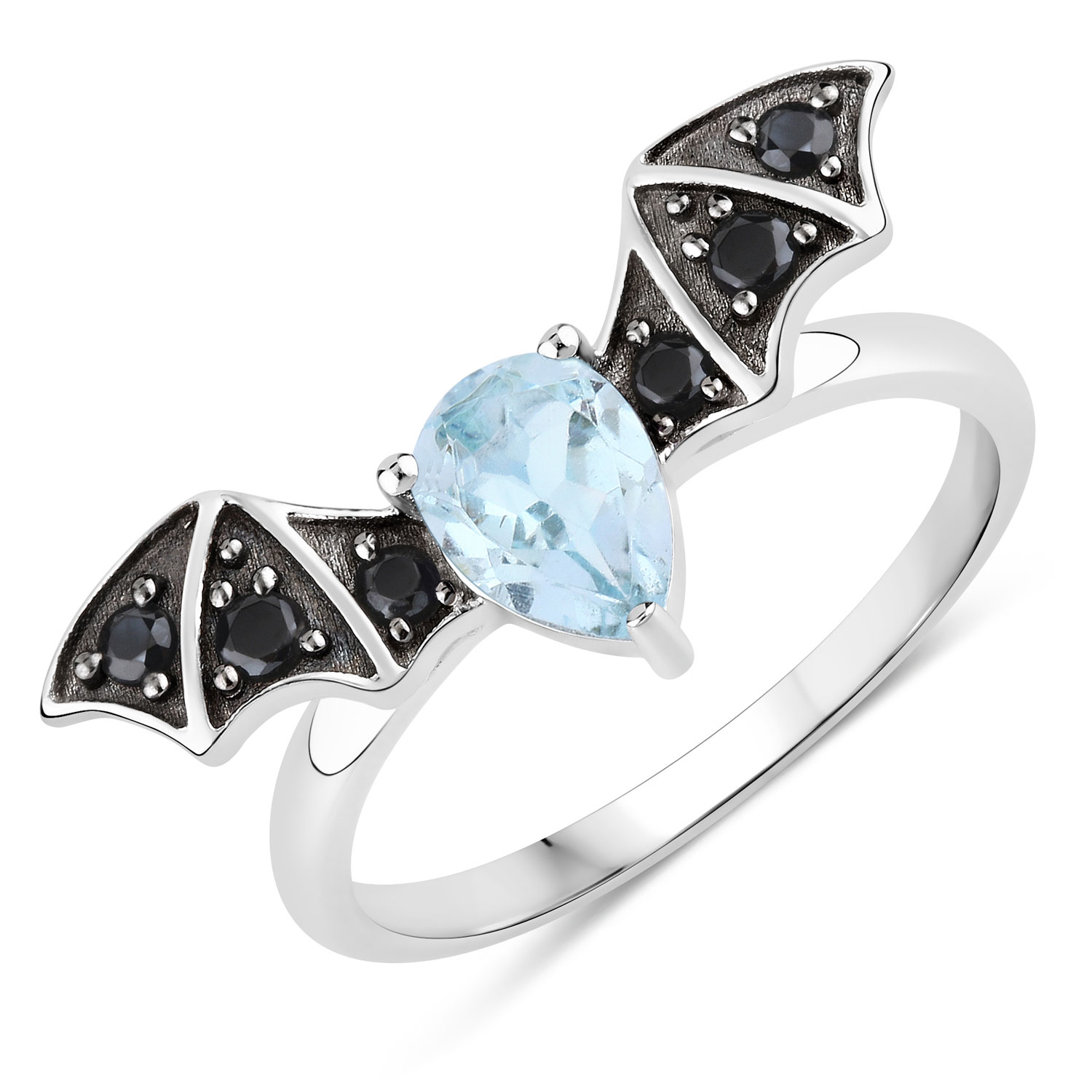 1.08 Carat Genuine Blue Topaz and Black Spinel .925 Sterling Silver Ring