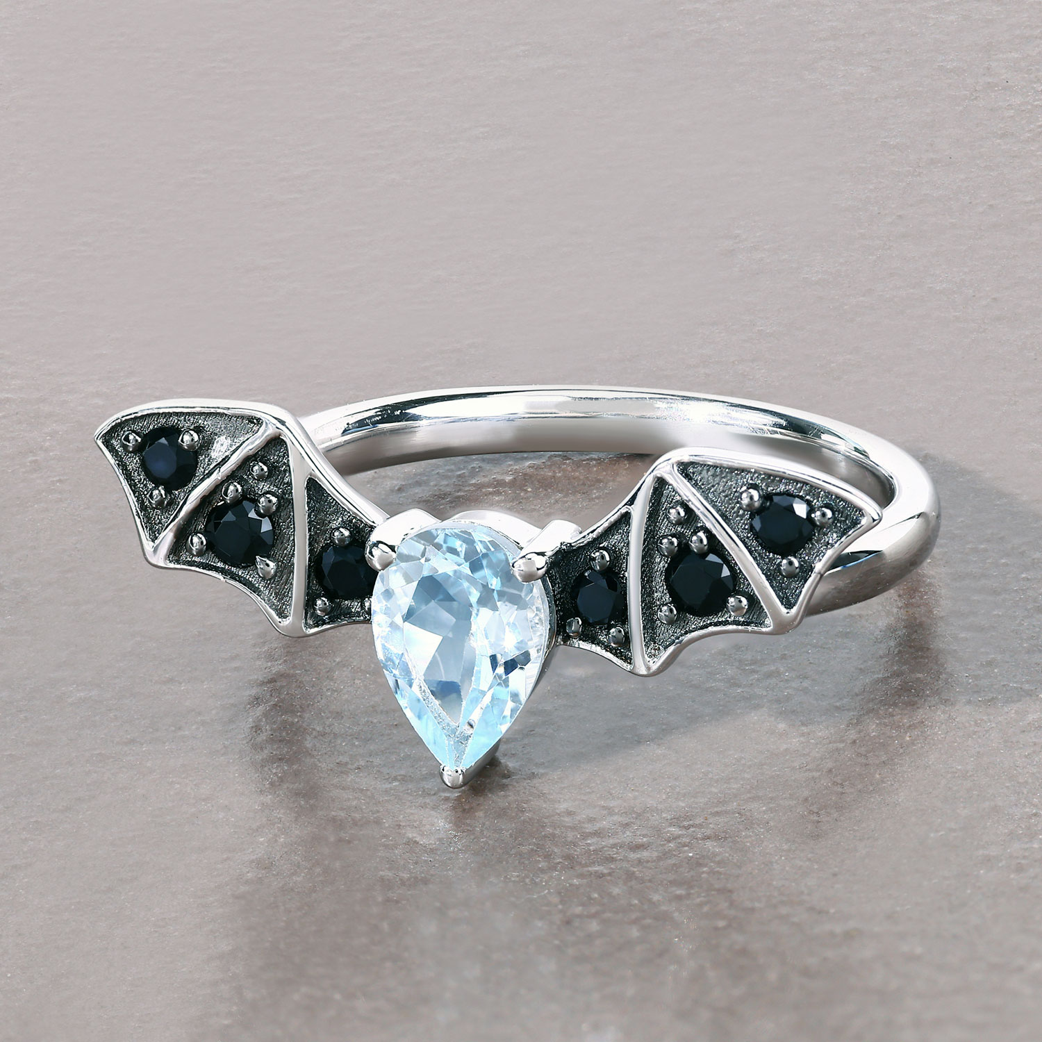 1.08 Carat Genuine Blue Topaz and Black Spinel .925 Sterling Silver Ring