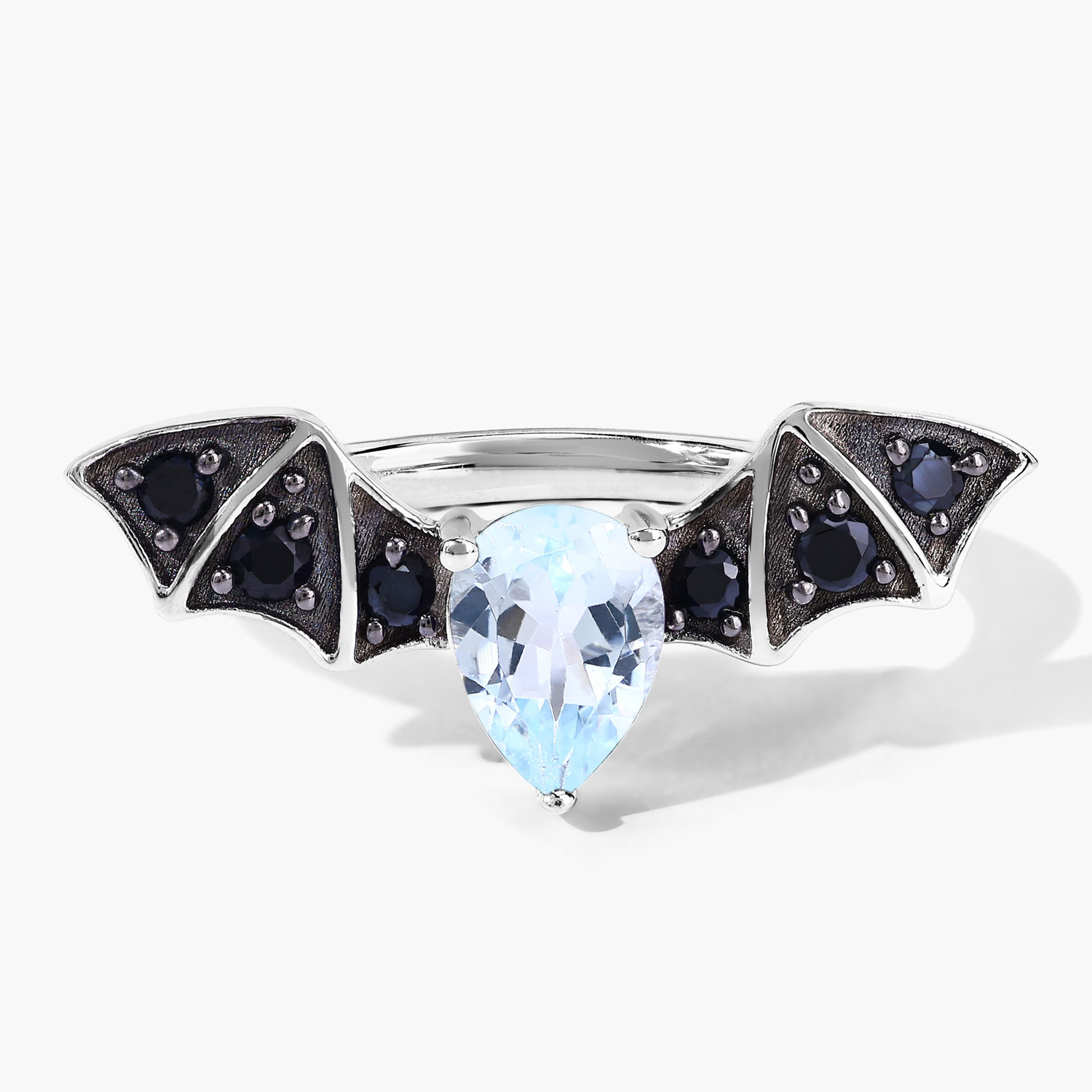1.08 Carat Genuine Blue Topaz and Black Spinel .925 Sterling Silver Ring