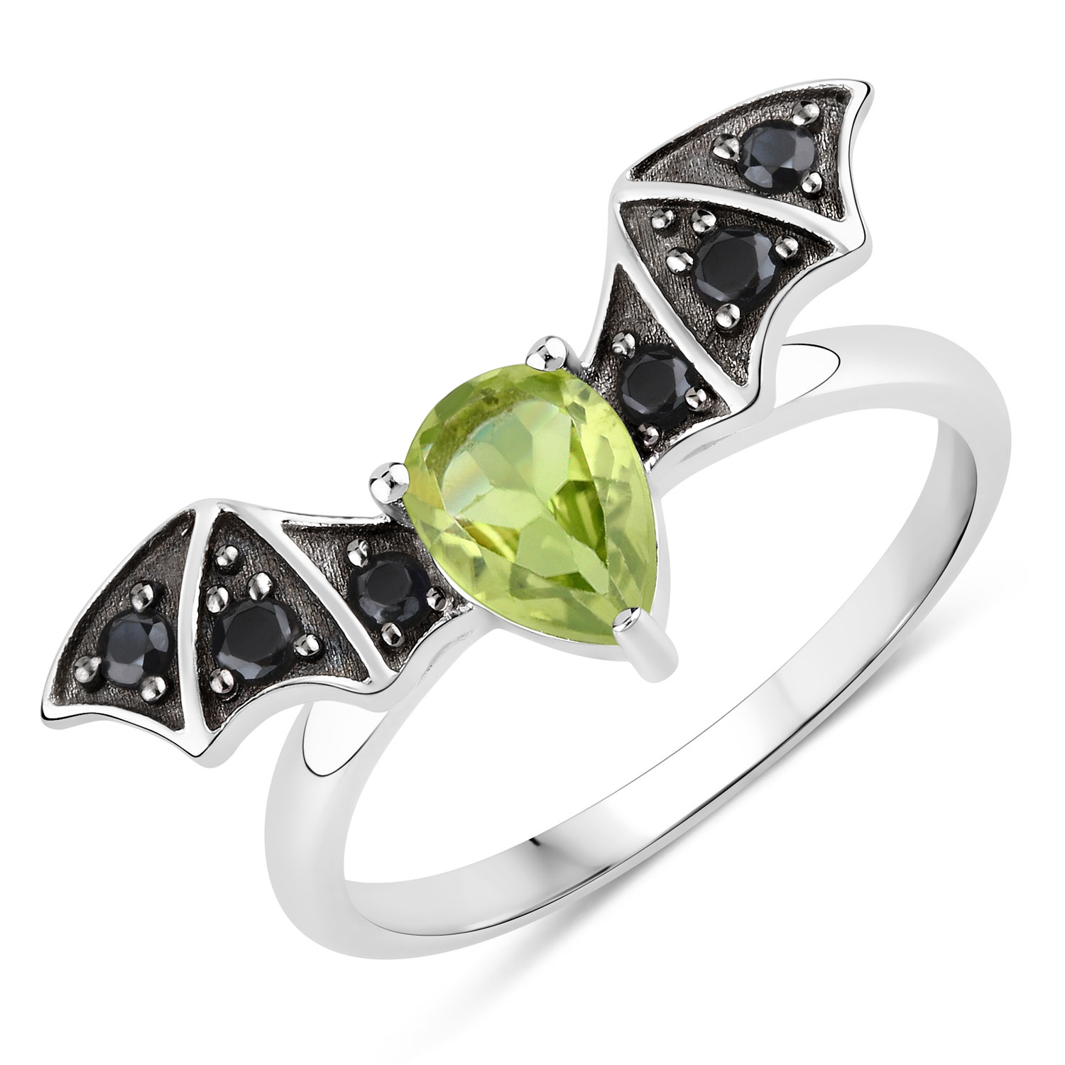 0.98 Carat Genuine Peridot and Black Spinel .925 Sterling Silver Ring