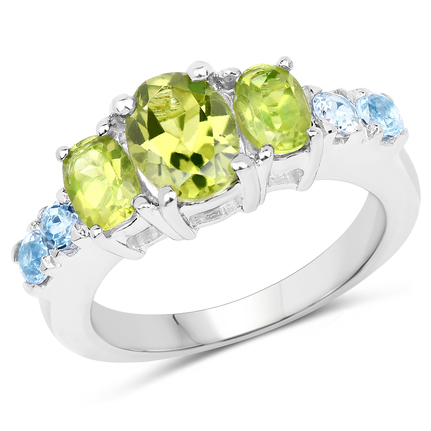 2.48 Carat Genuine Peridot and Blue Topaz .925 Sterling Silver Ring