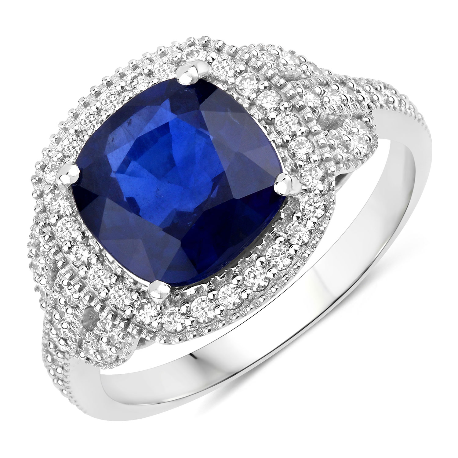 18K White Gold Size 7 Ring 3.18 Carat Sapphire Cushion Cut with White Diamond 0.45ct (Vault_Q)