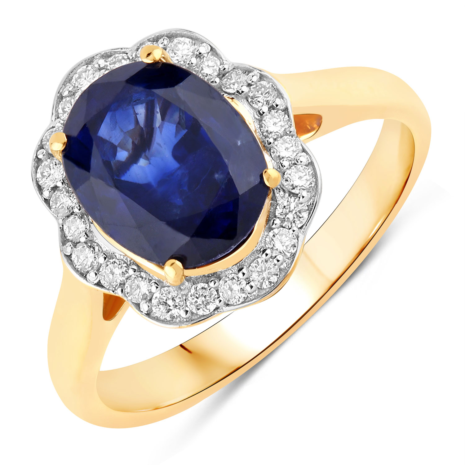 3.59 Carat Genuine Ceylon Blue Sapphire and White Diamond 18K Yellow Gold Ring