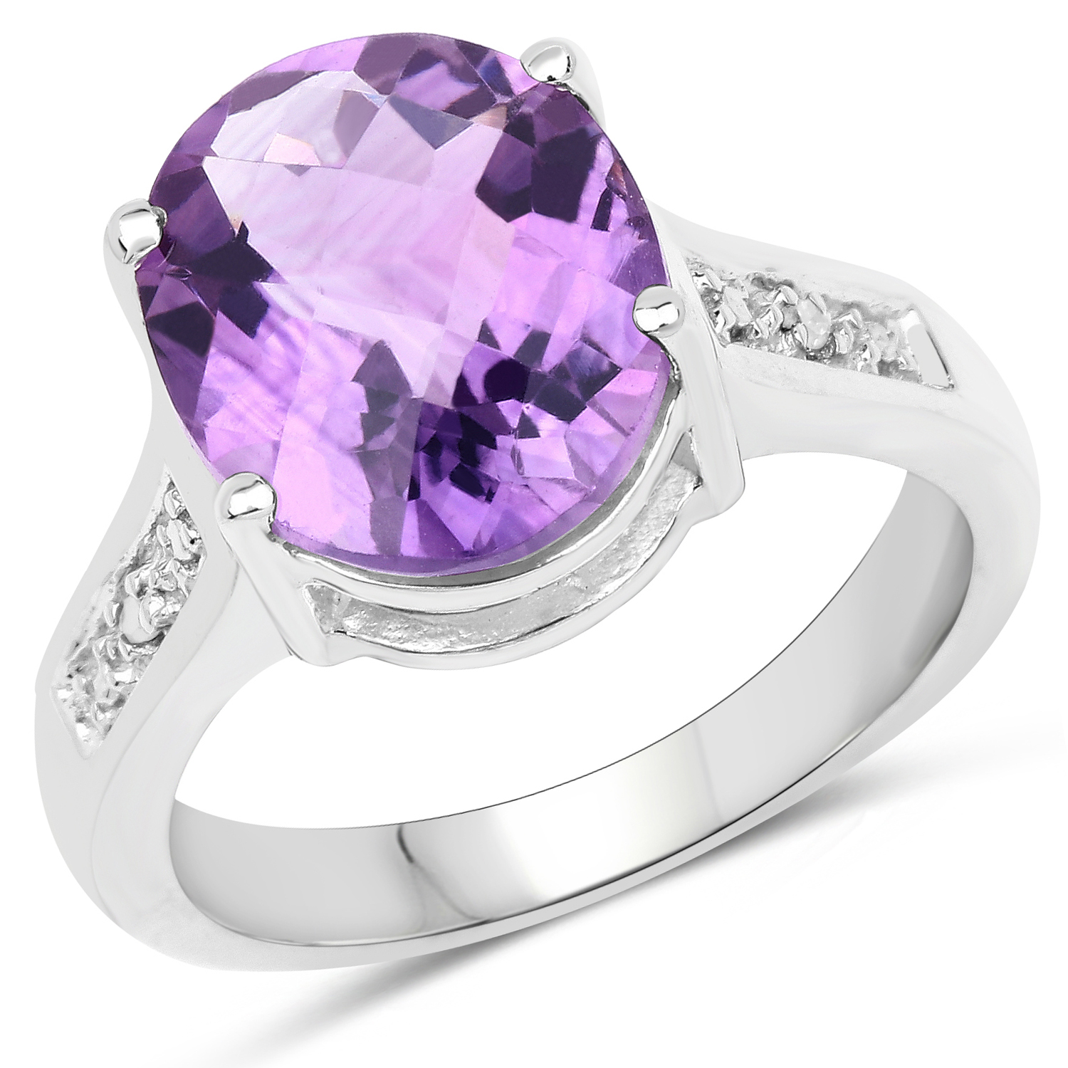 4.26 Carat Genuine Amethyst and White Diamond .925 Sterling Silver Ring