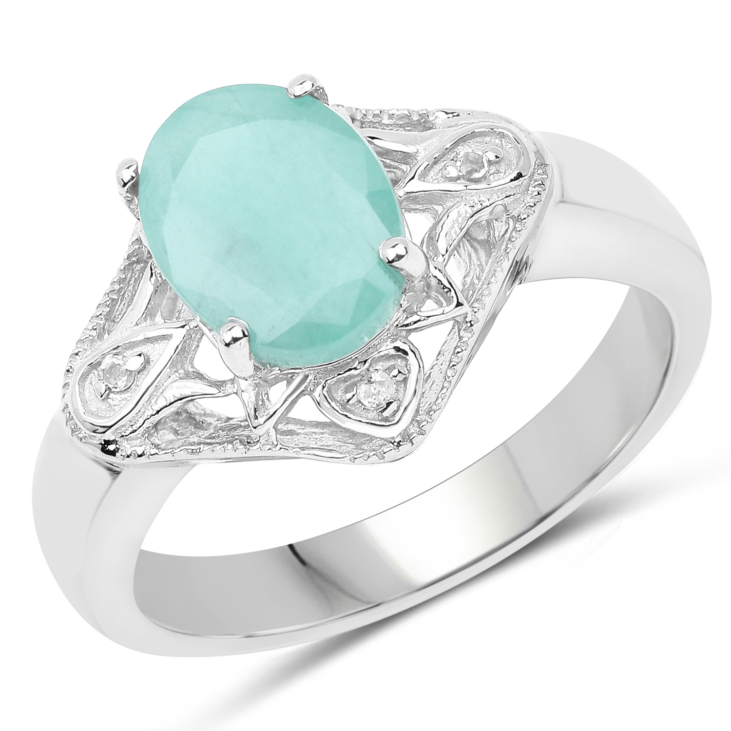 1.69 Carat Genuine Emerald and White Topaz .925 Sterling Silver Ring